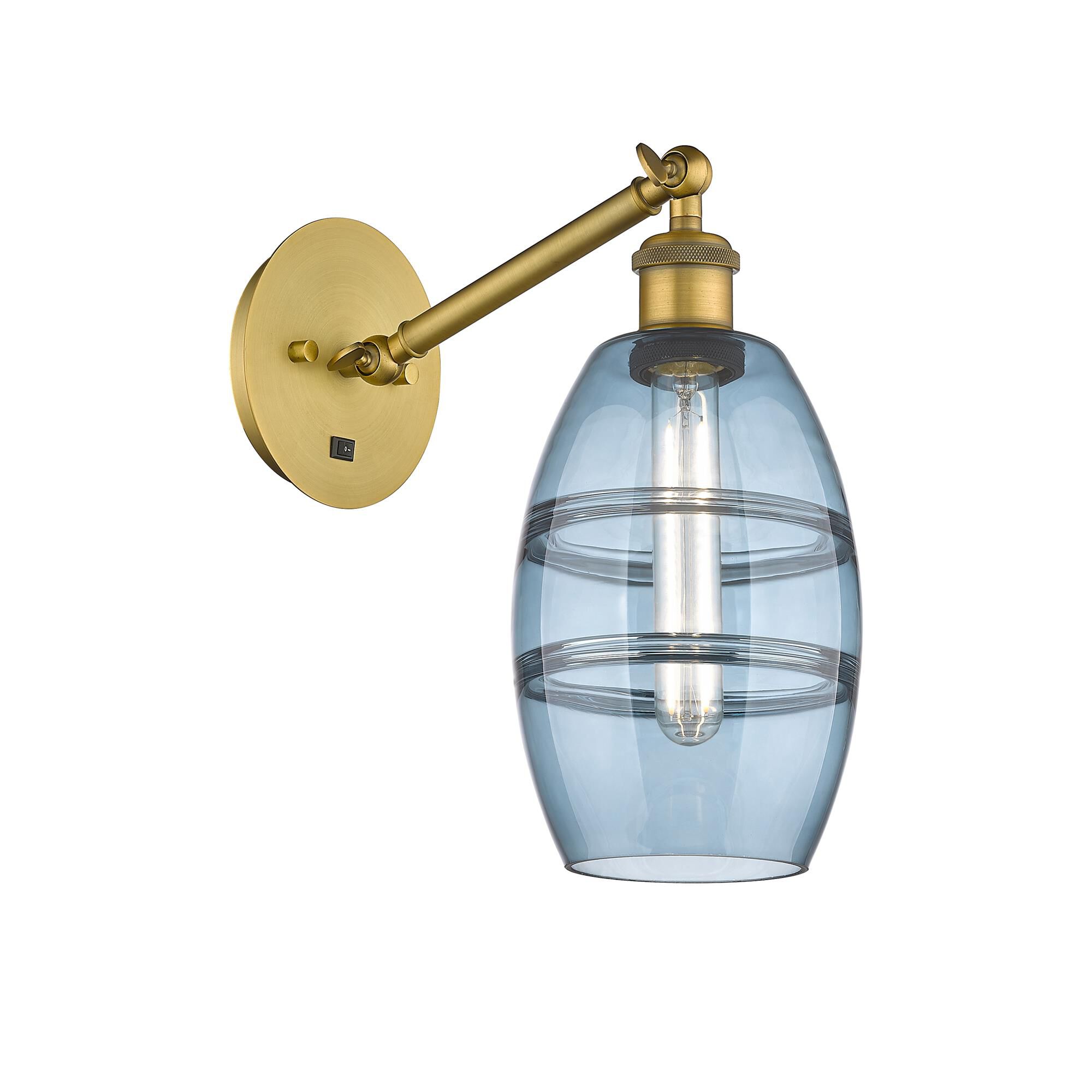 Shown in Brushed Brass finish and Princess Blue glass