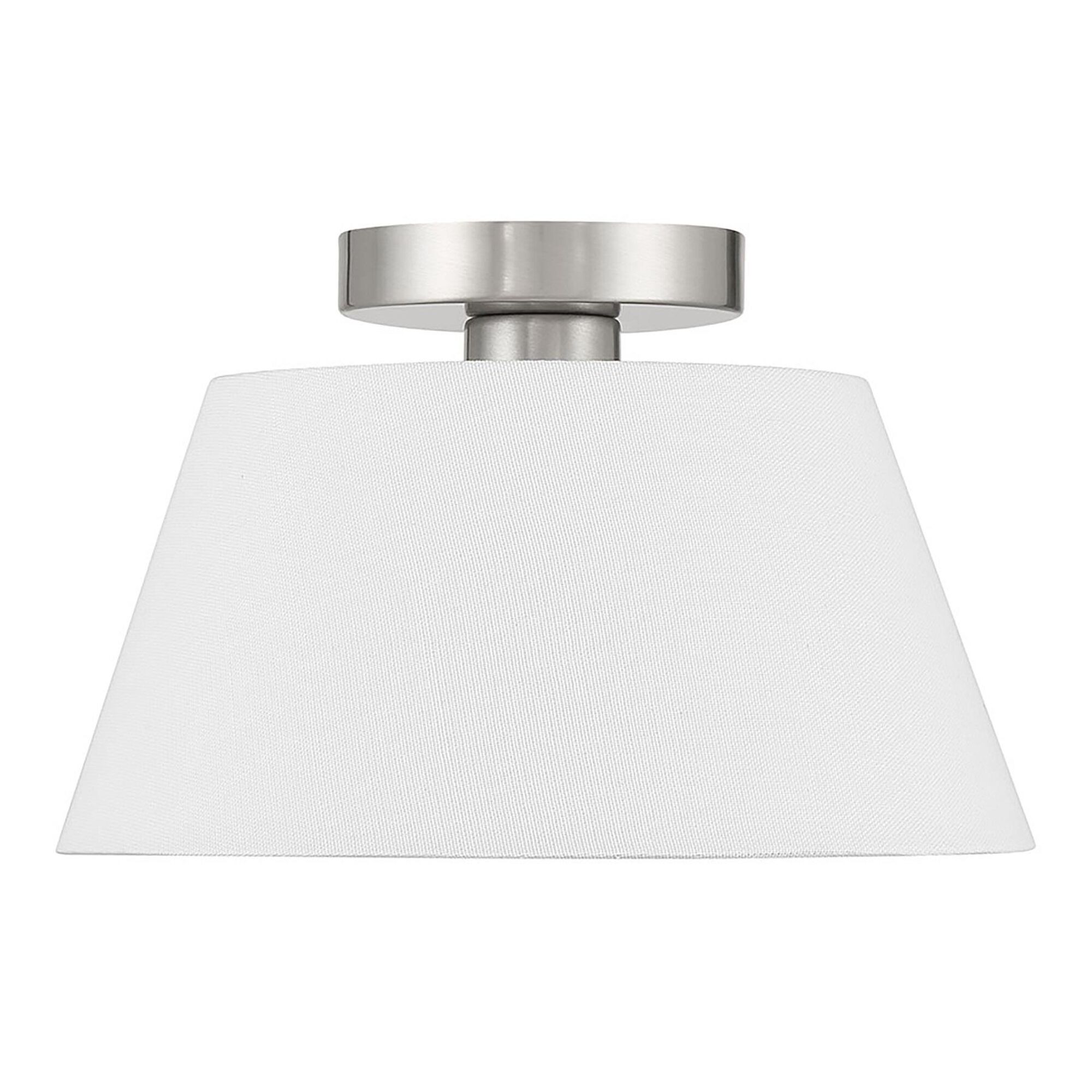 Shown in Brushed Nickel finish and White Linen Fabric shade