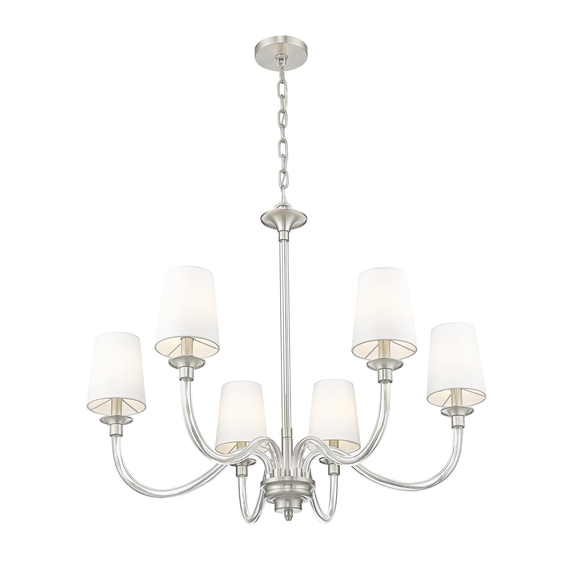 Shown in Brushed Nickel finish and White glass and White shade