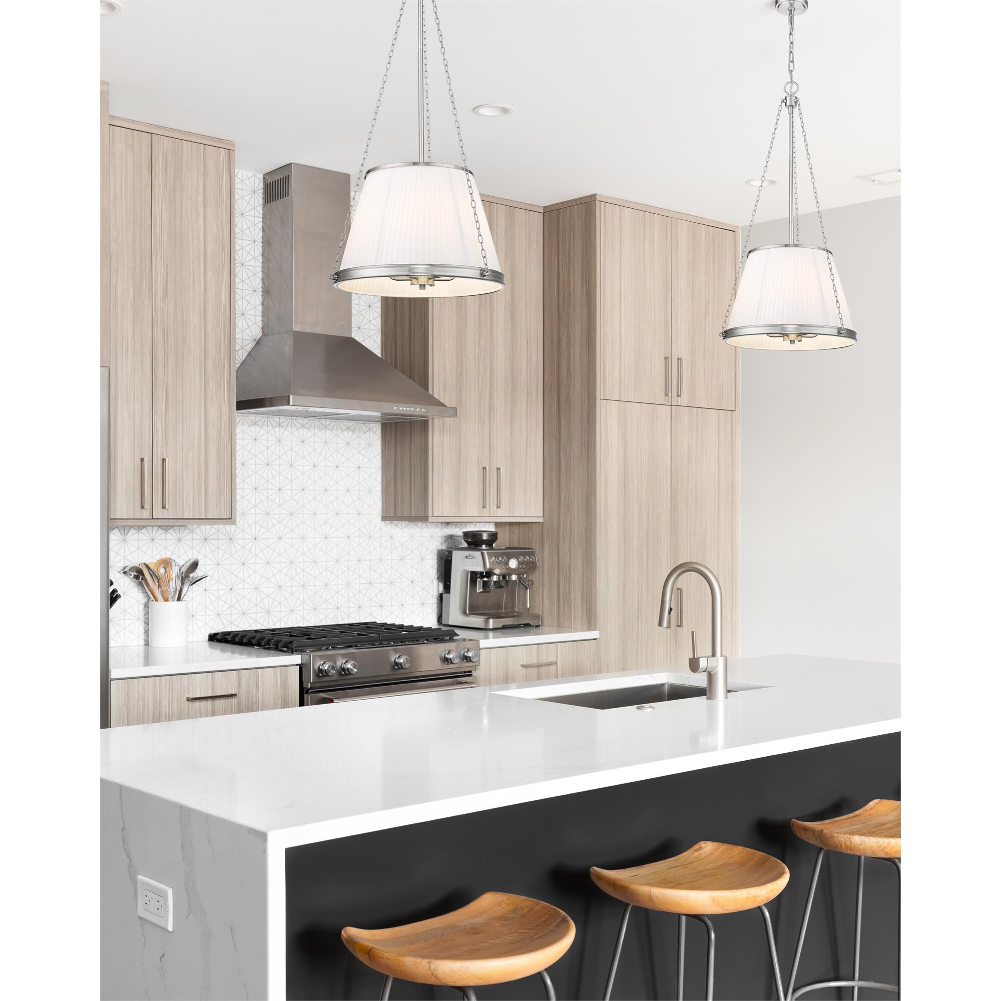 Shown in Brushed Nickel finish and White glass and White shade