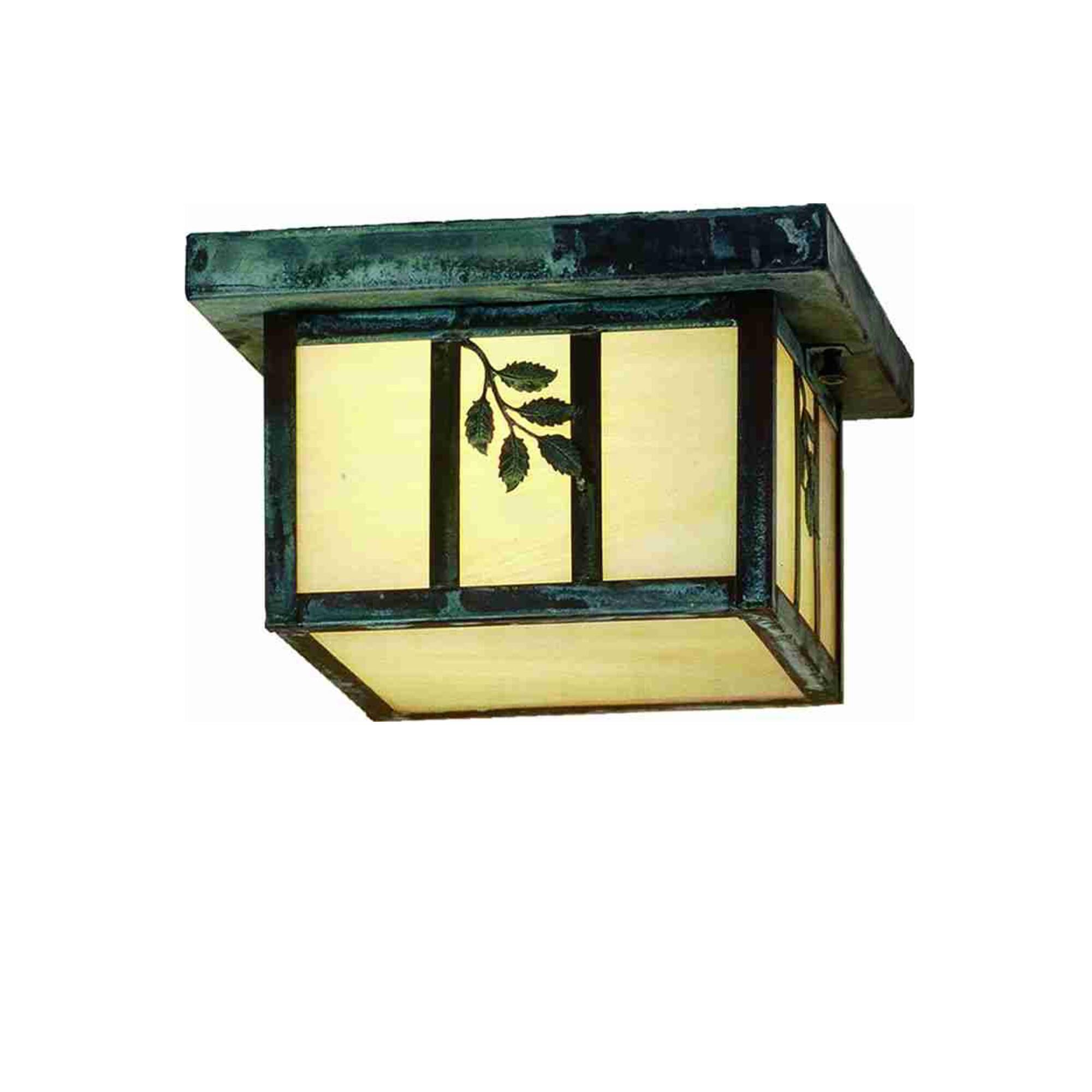 Shown in Verdigris finish and Iridized Beige glass