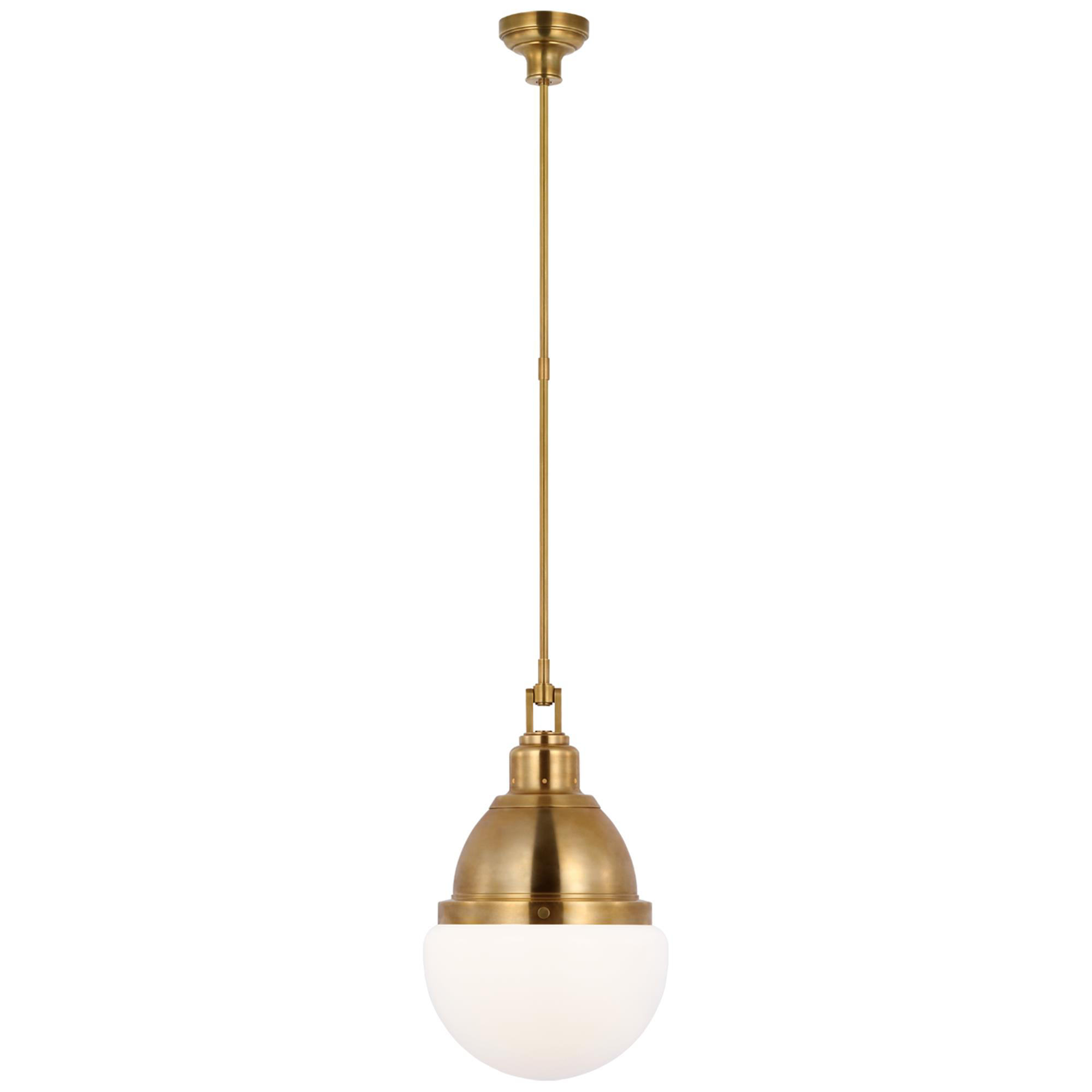 Shown in Hand-Rubbed Antique Brass finish and White glass