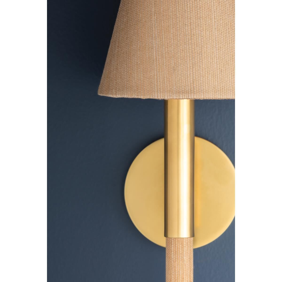 Shown in Aged Brass finish and Natural Grasscloth shade