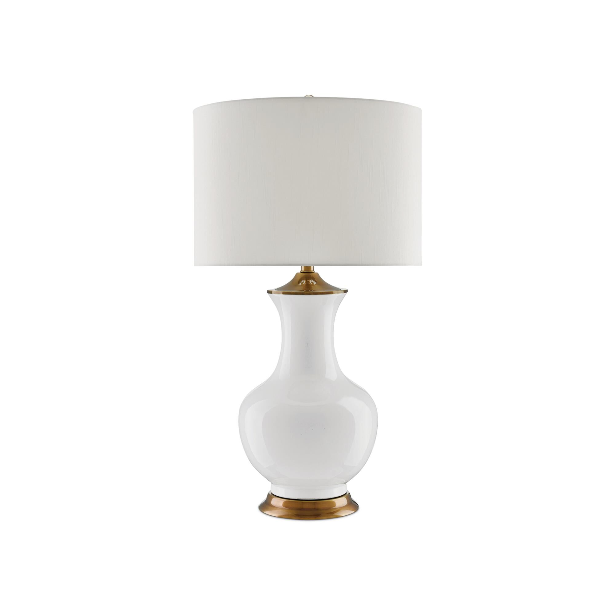 Shown in White-Antique Brass finish and Off White Shantung shade