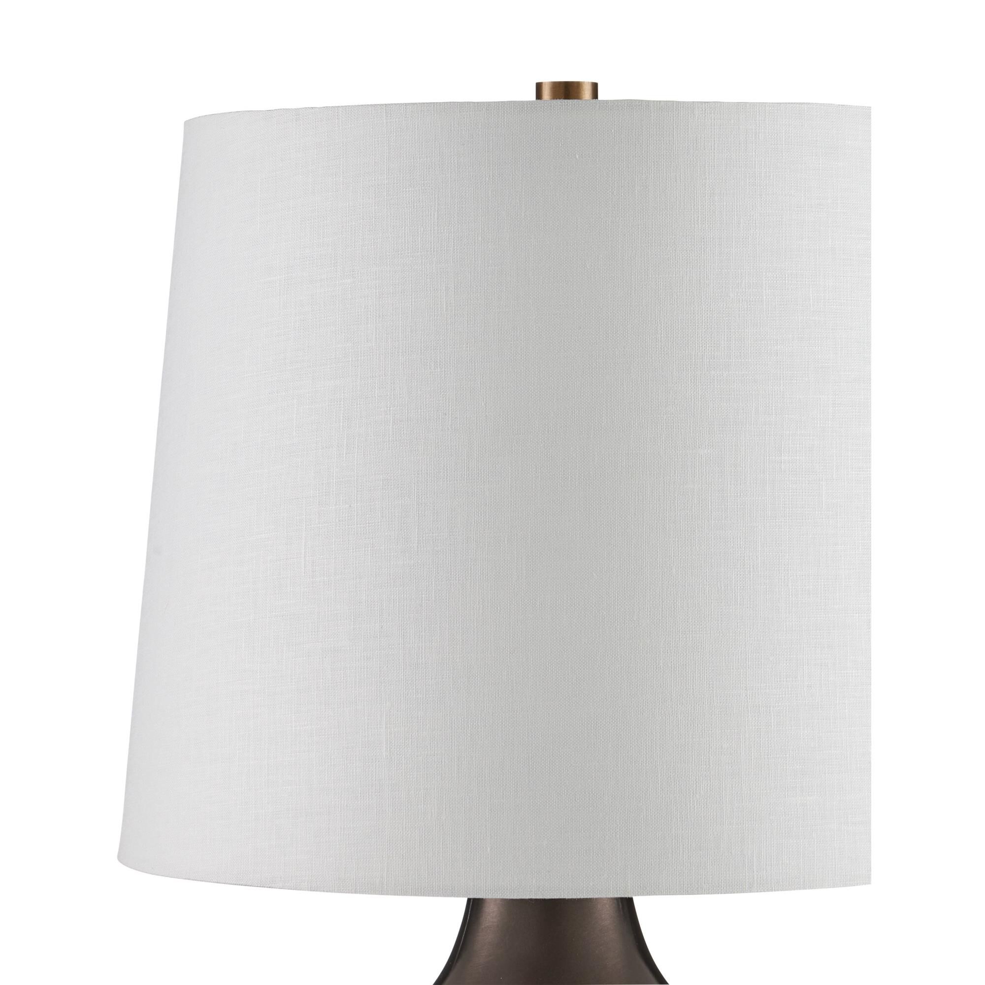 Shown in Black Nickel, Vintage Brass finish and Off-White Linen shade