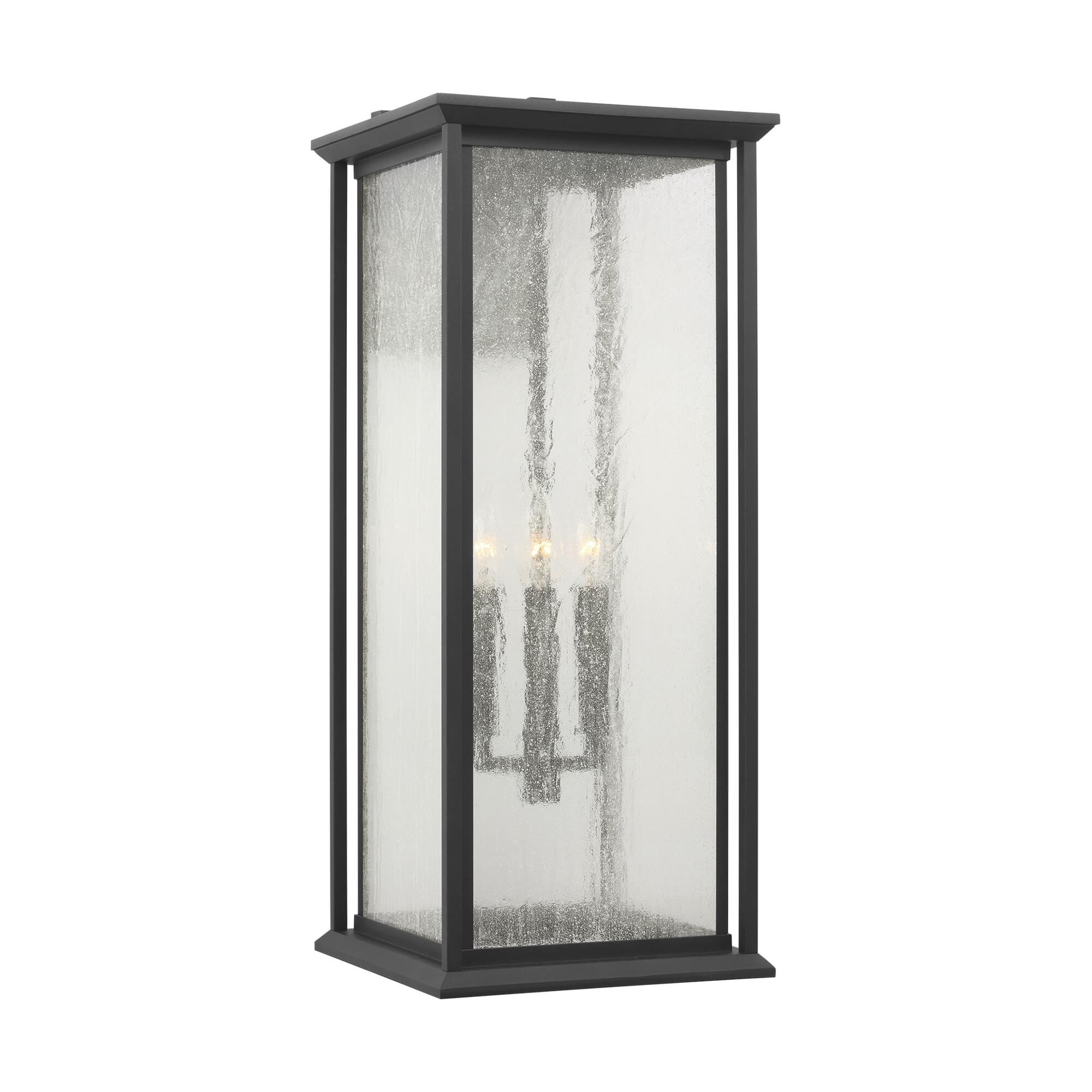 Shown in Textured Black finish and Distressed Seeded Glass Panels shade