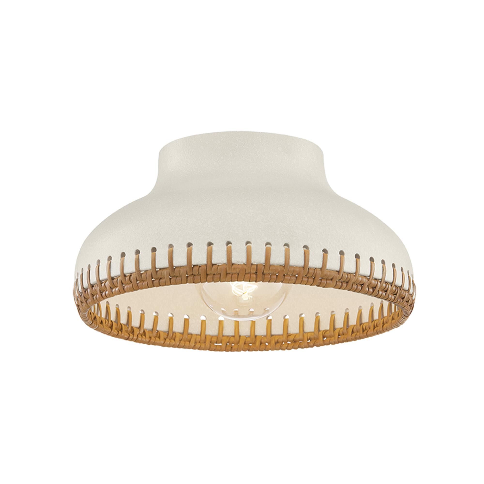 Shown in Aged Brass and Ceramic Cream Pebble finish and Rattan Weave Ceramic shade