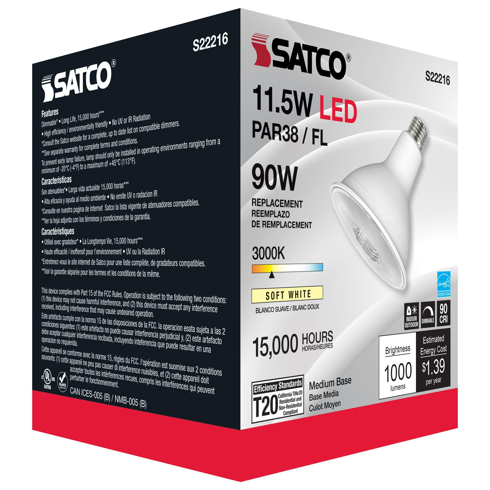 Dimmable 11.5 Watt 3000K PAR38 LED Light Bulb by Satco