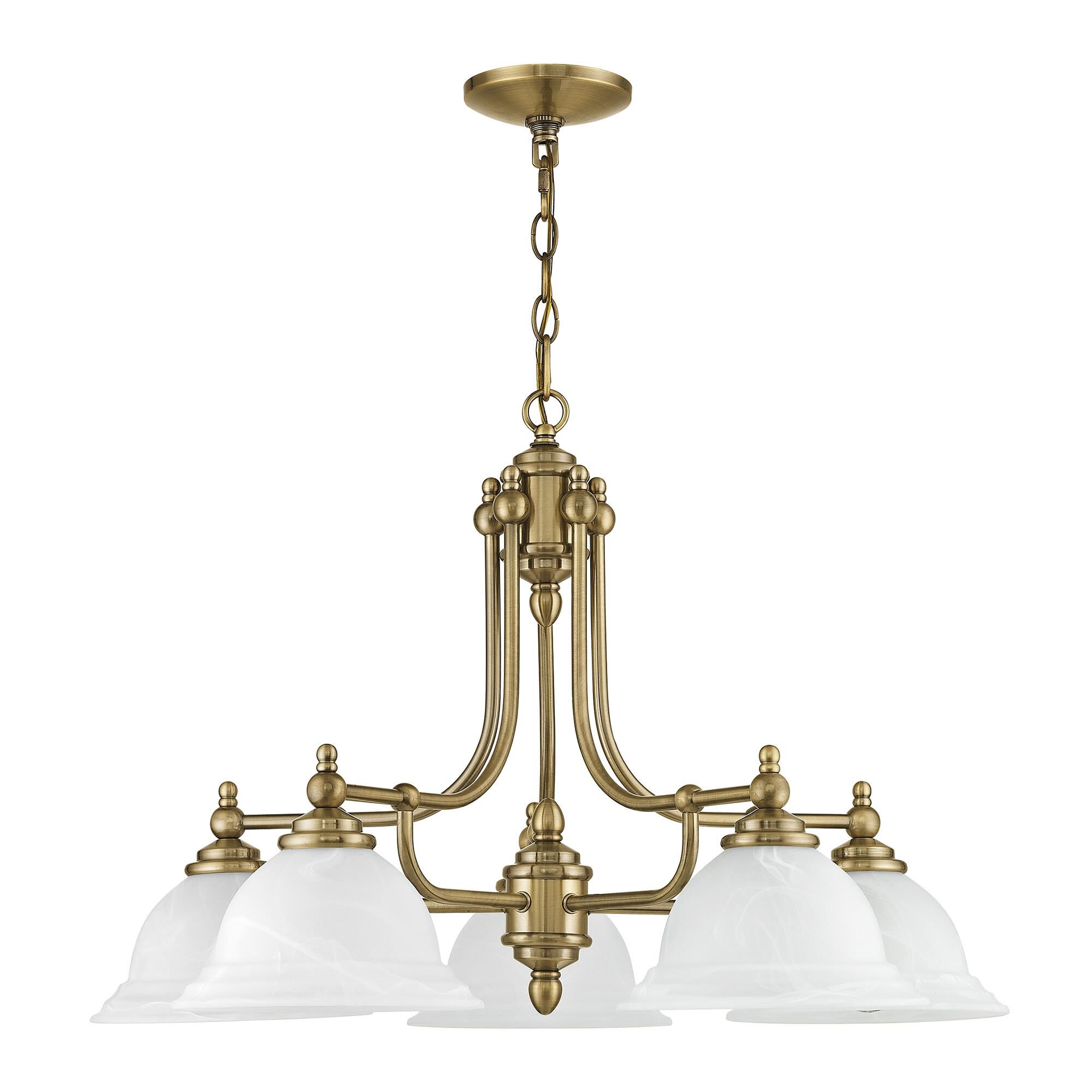 Shown in Antique Brass finish and White Alabaster glass