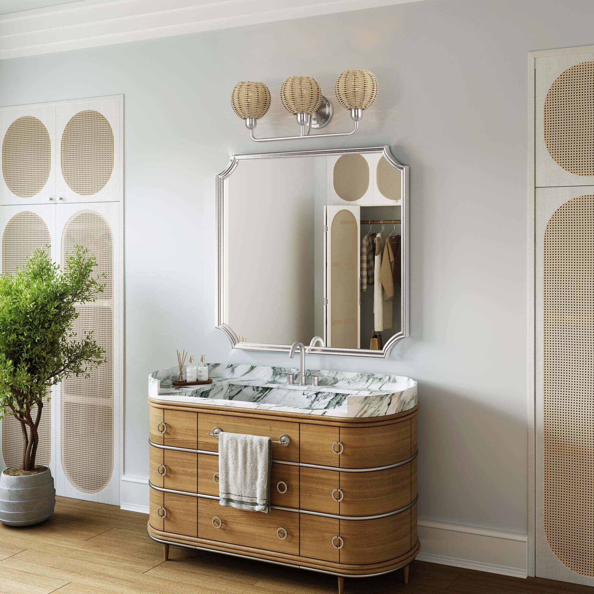 Shown in Brushed Nickel finish and Hand-Woven French Beige Paper Rope shade
