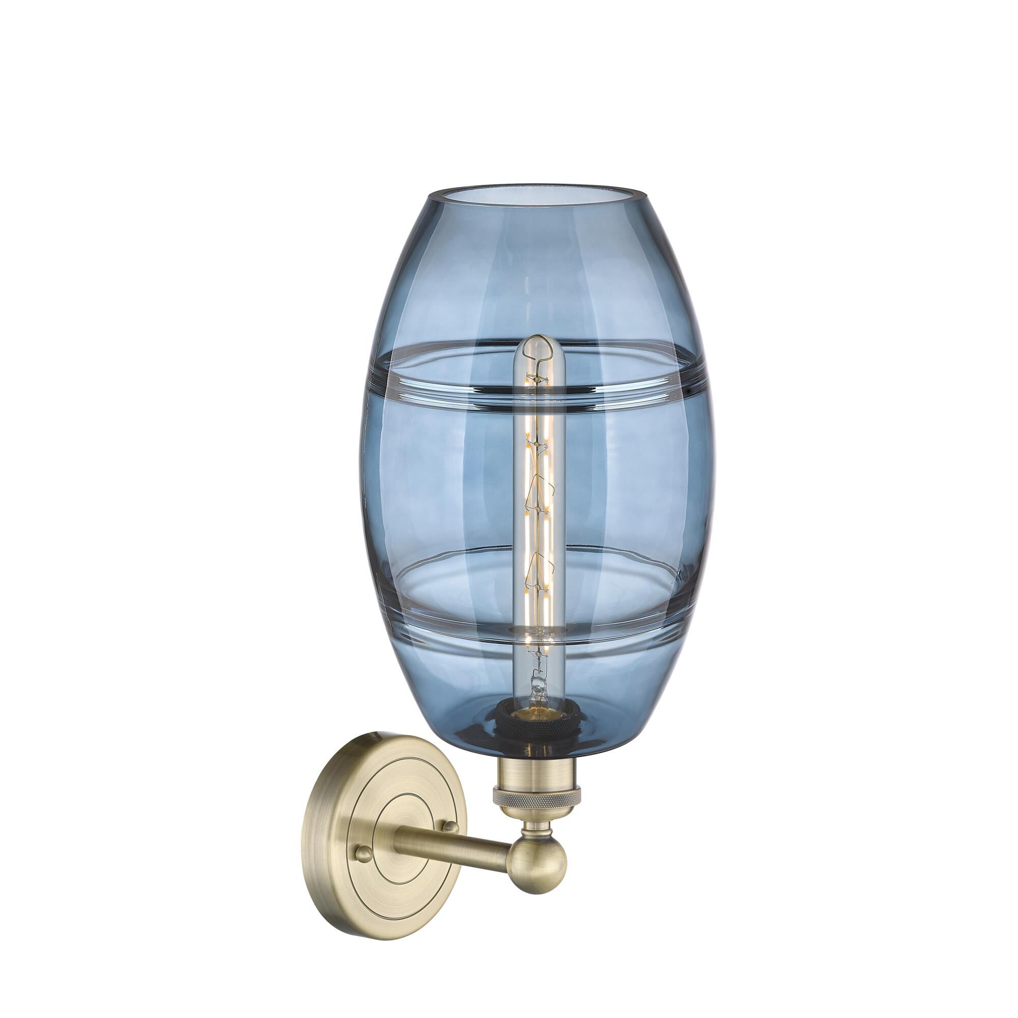 Shown in Antique Brass finish and Princess Blue glass