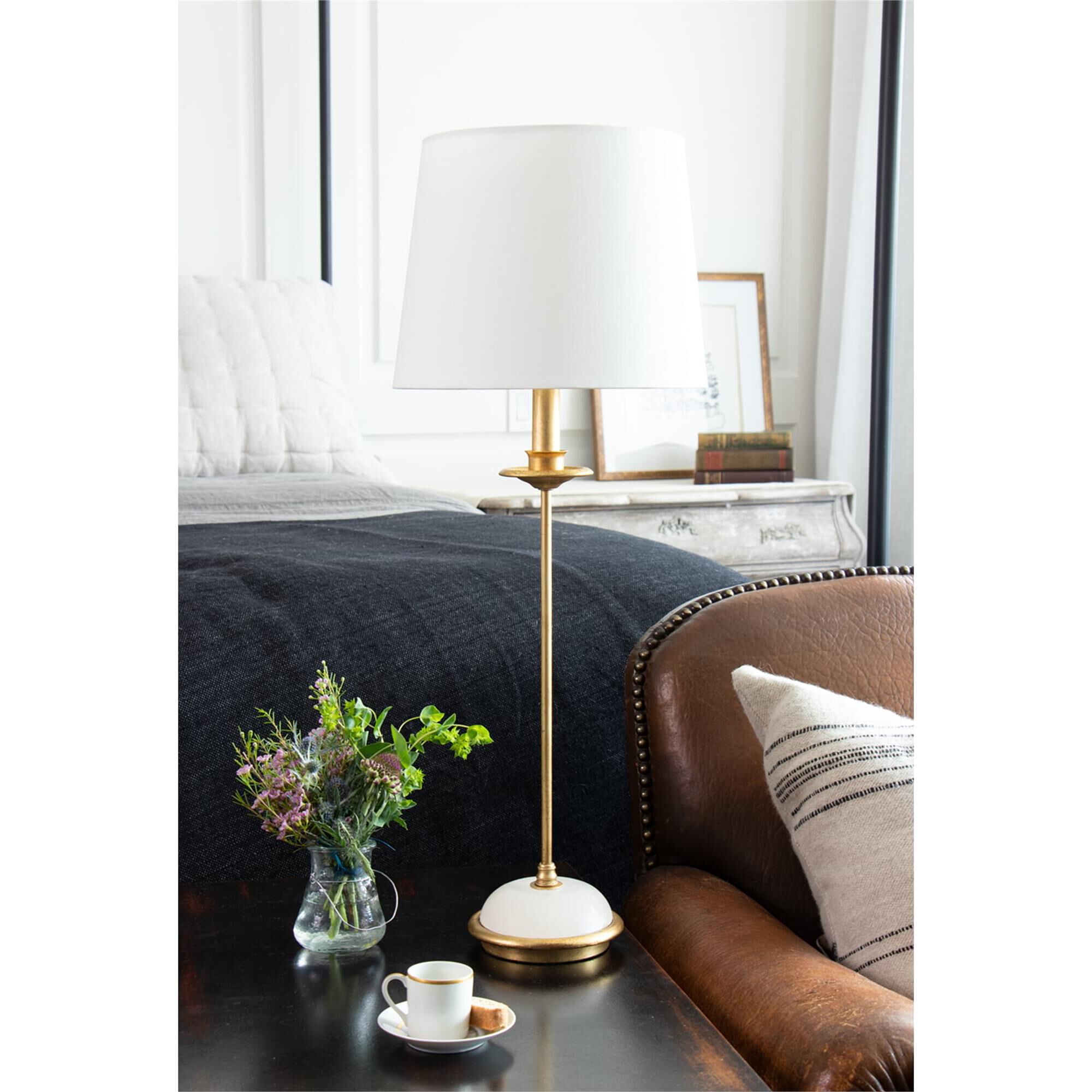Shown in Gold Leaf finish and Linen shade