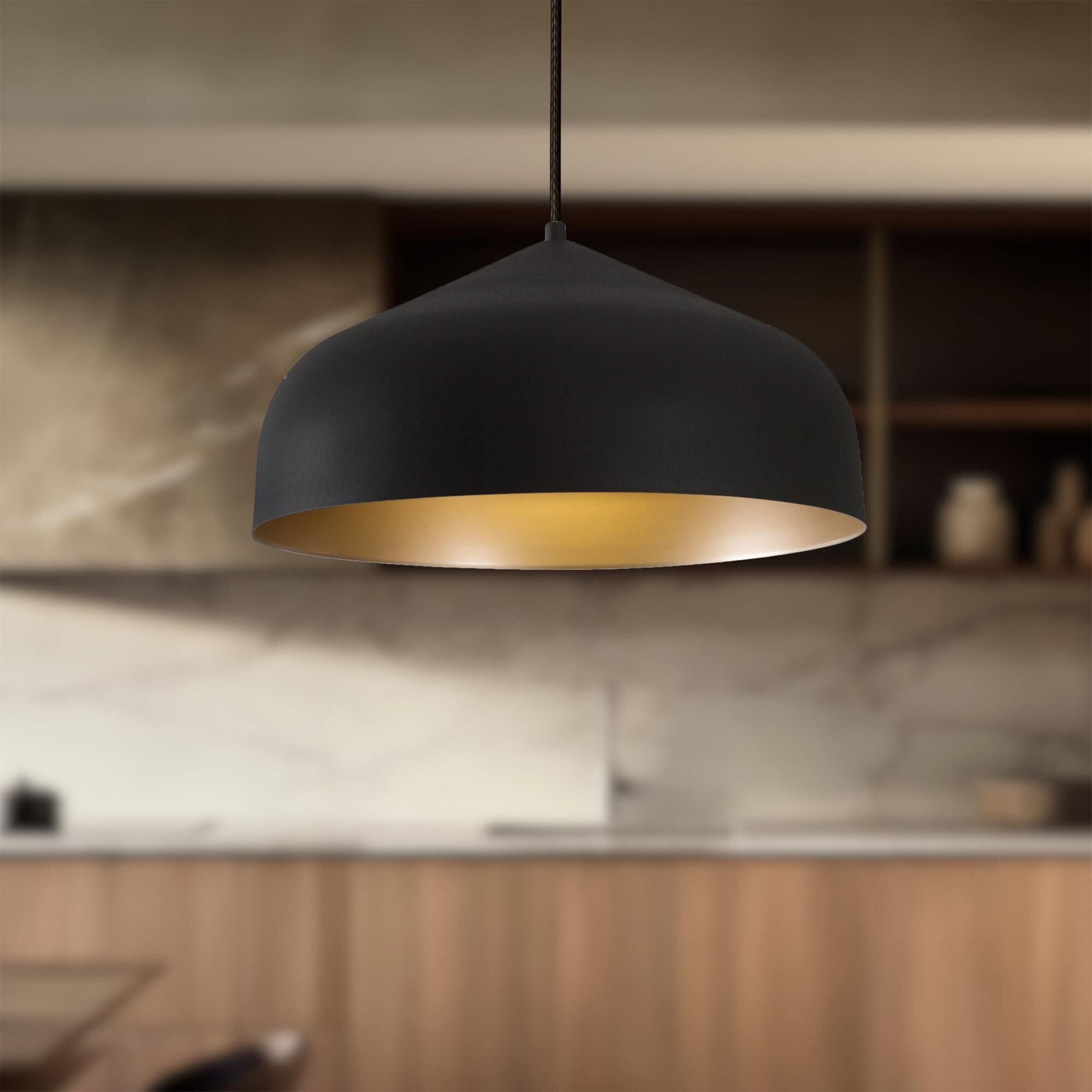Shown in Black and Gold finish and Spun Metal shade