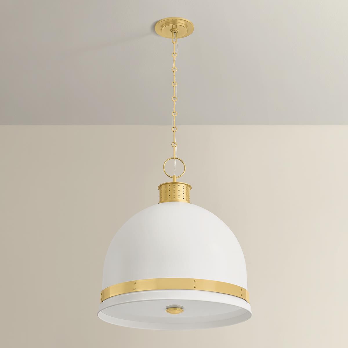 Shown in Aged Brass and Soft White finish and White glass