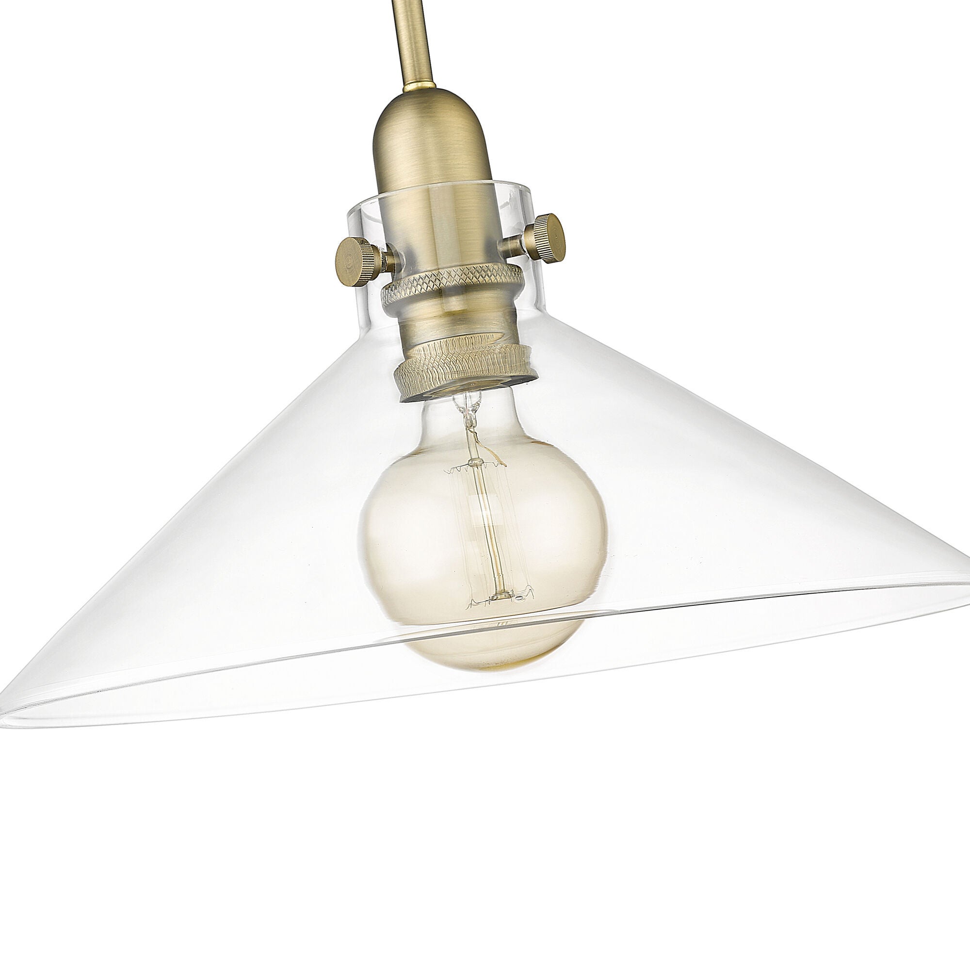 Shown in Antique Brass finish and Clear Glass shade