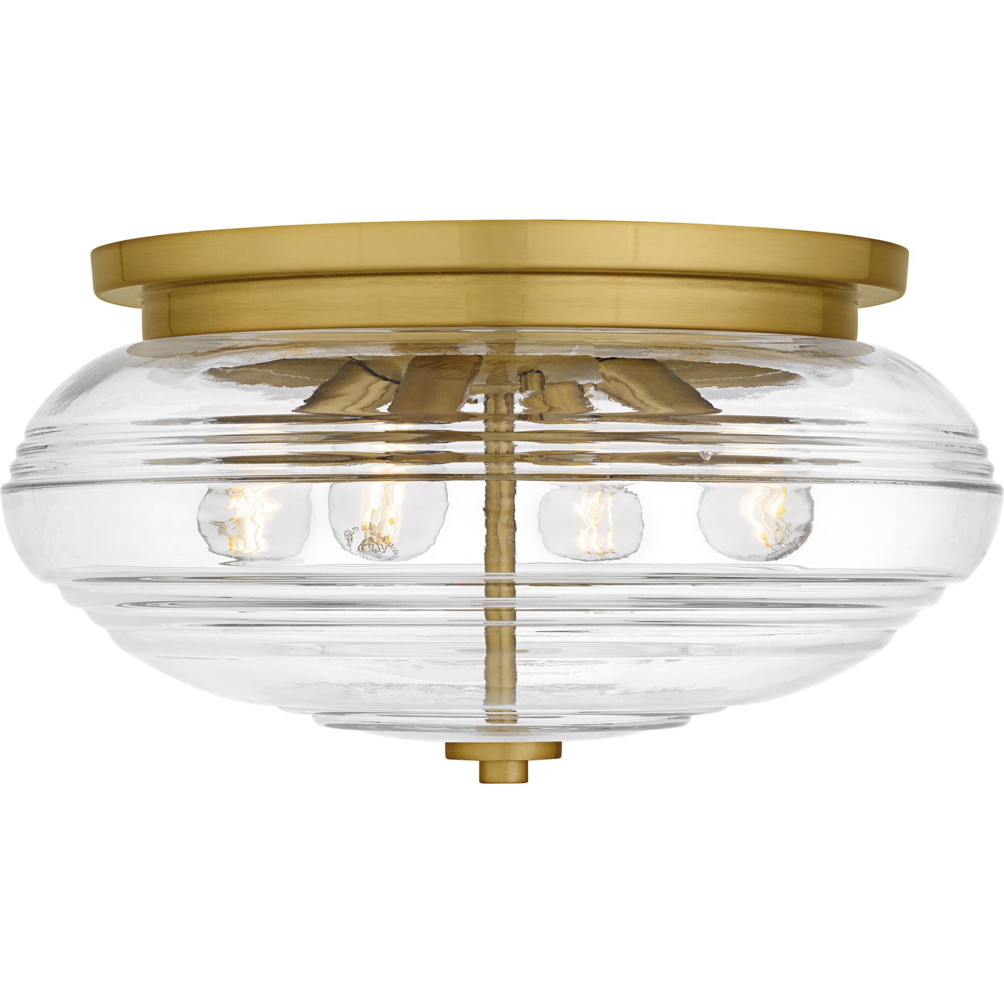 Shown in Brushed Gold finish and Clear Ribbed Glass shade