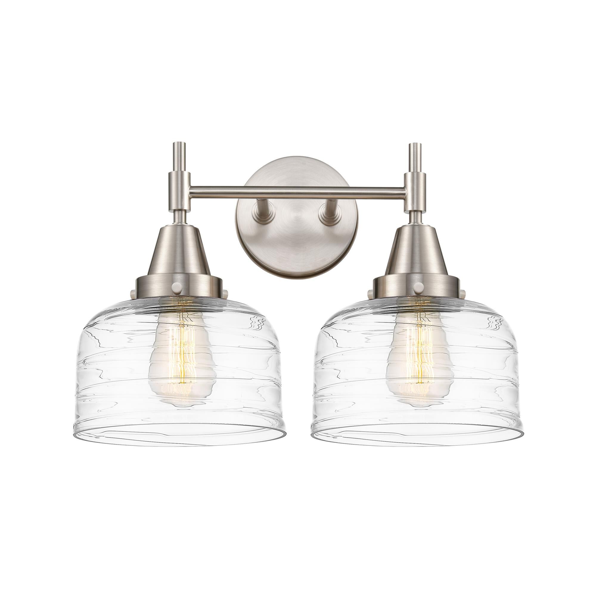 Shown in Satin Nickel finish and Clear Deco Swirl Large Bell glass