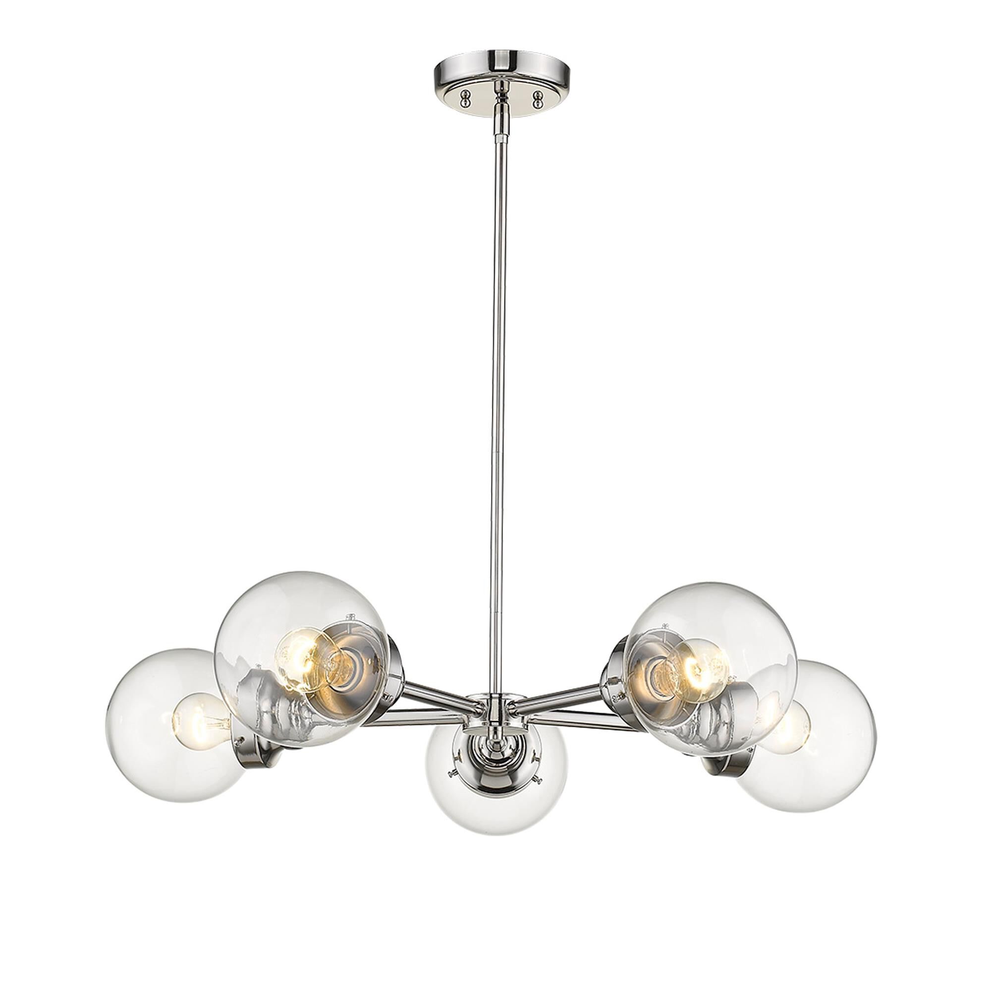 Shown in Polished Nickel finish and Clear glass and Clear, Glass Globes shade