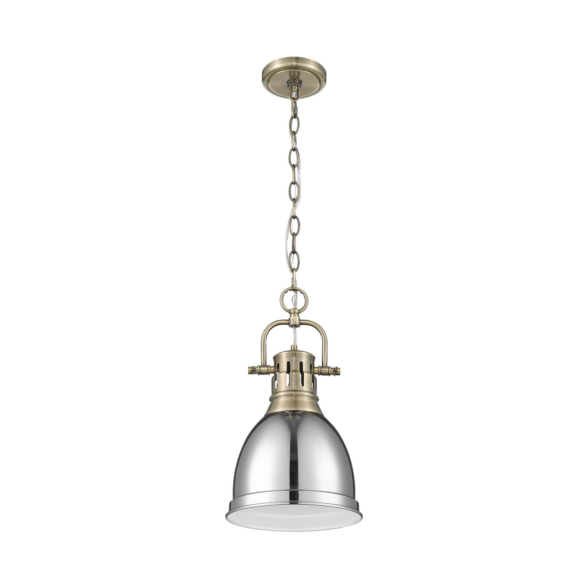 Shown in Aged Brass finish and Chrome shade