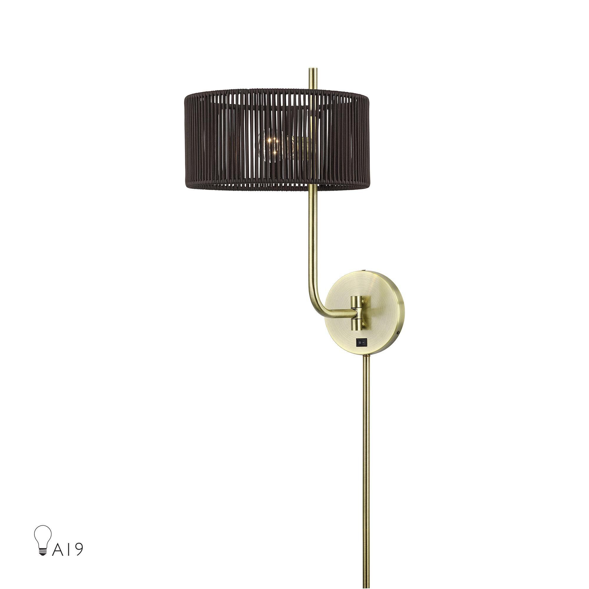 Shown in Antique Brass finish and Hand-Woven Dark Chocolate Color Polyester Rope shade