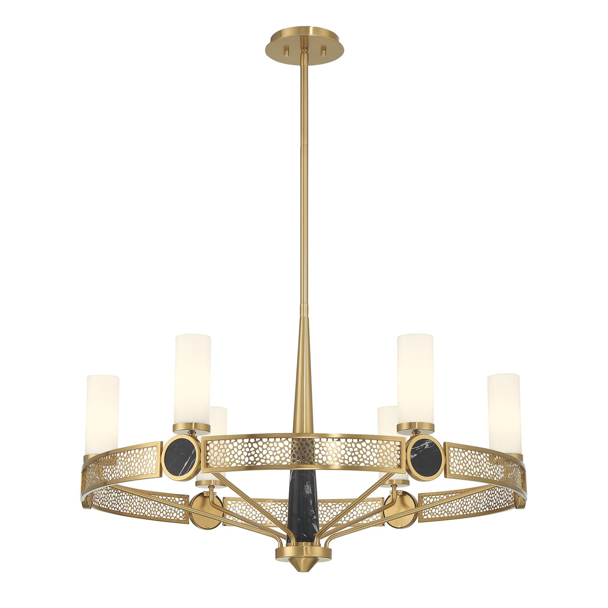Shown in Warm Brass finish and White Opal glass and Black Marble accent