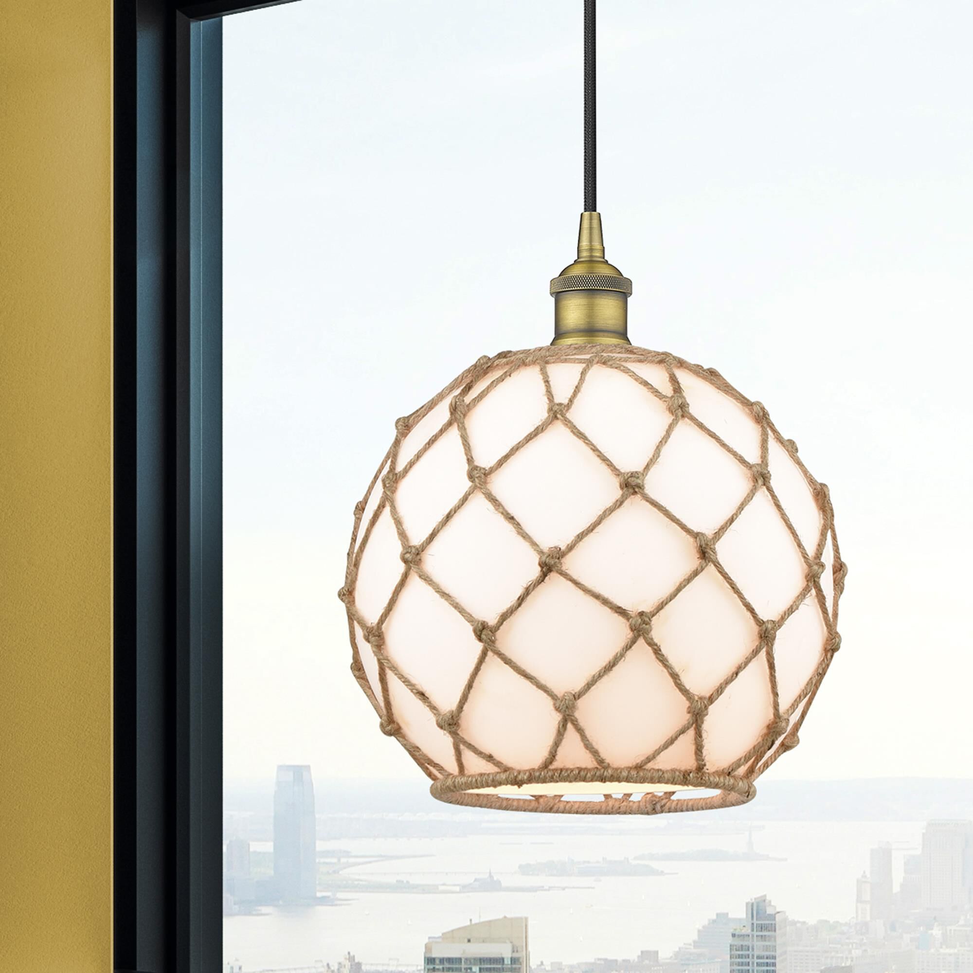 Shown in Brushed Brass finish and White Large Farmhouse With Brown Rope glass
