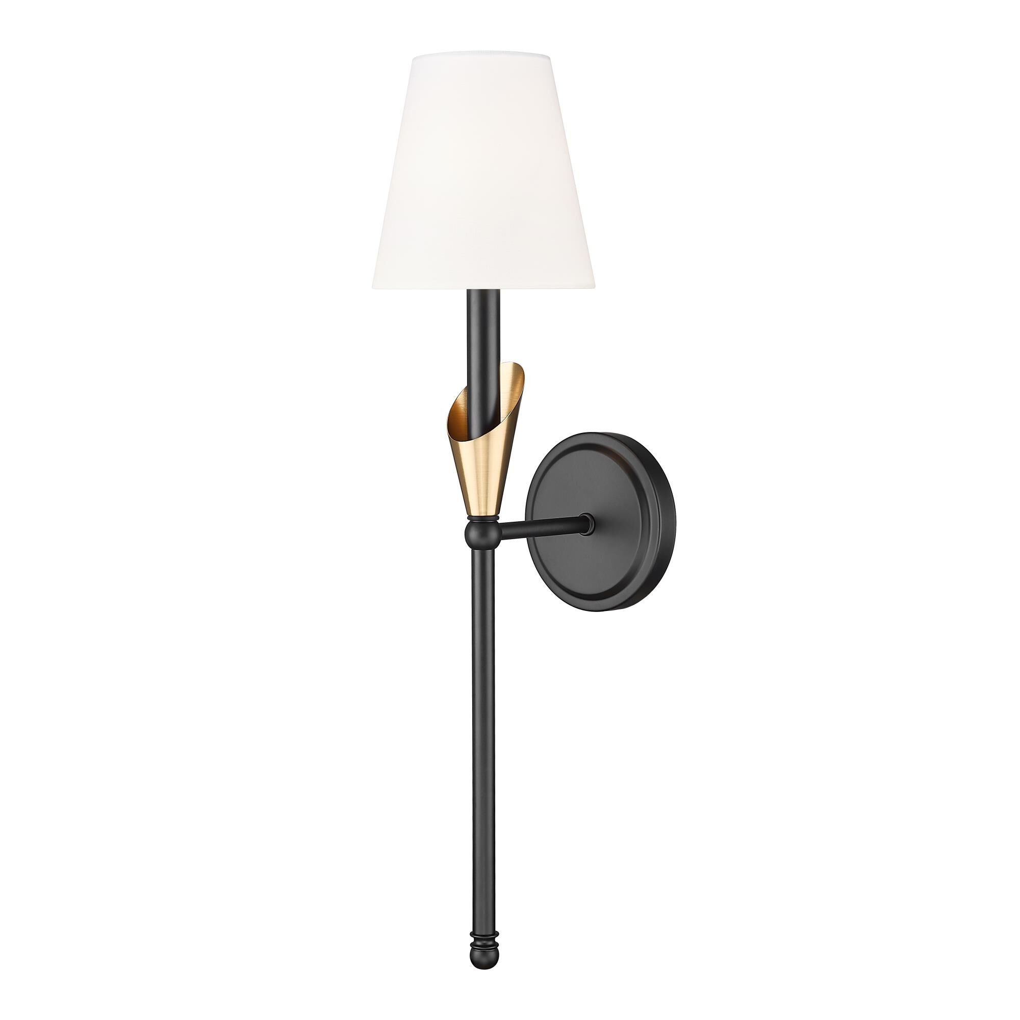 Shown in Matte Black And Modern Gold finish and White glass and White shade
