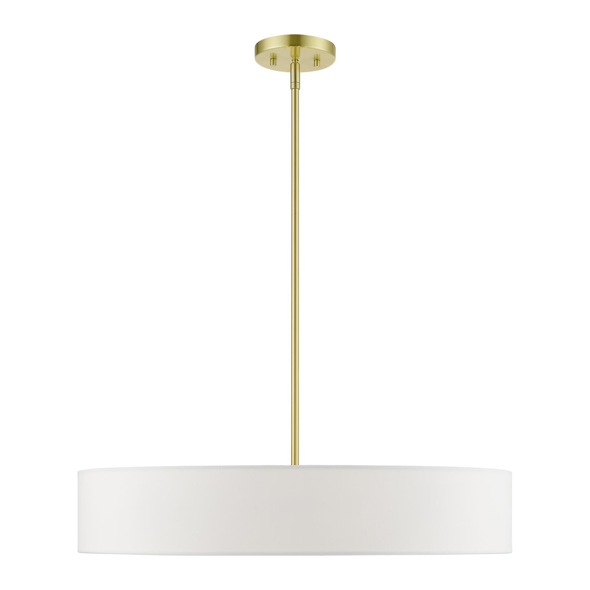 Shown in Satin Brass with Shiny White Accents finish and Hand Crafted Off-White Hardback Fabric shade