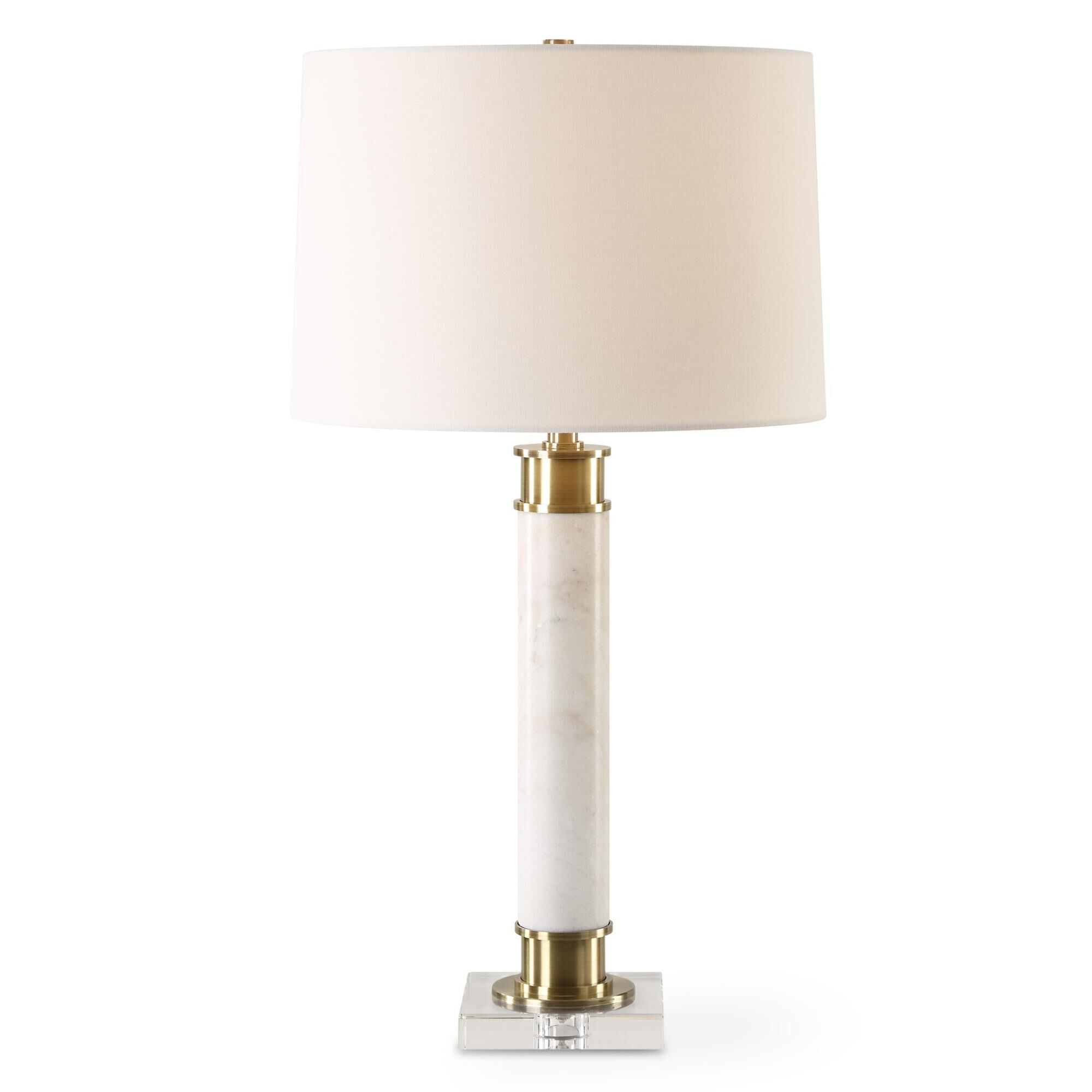 Shown in Crafted From White Marble With Subtle Veining, This Table Lamp Is Displayed On A Thick Crystal Foot, finish and Round Hardback shade