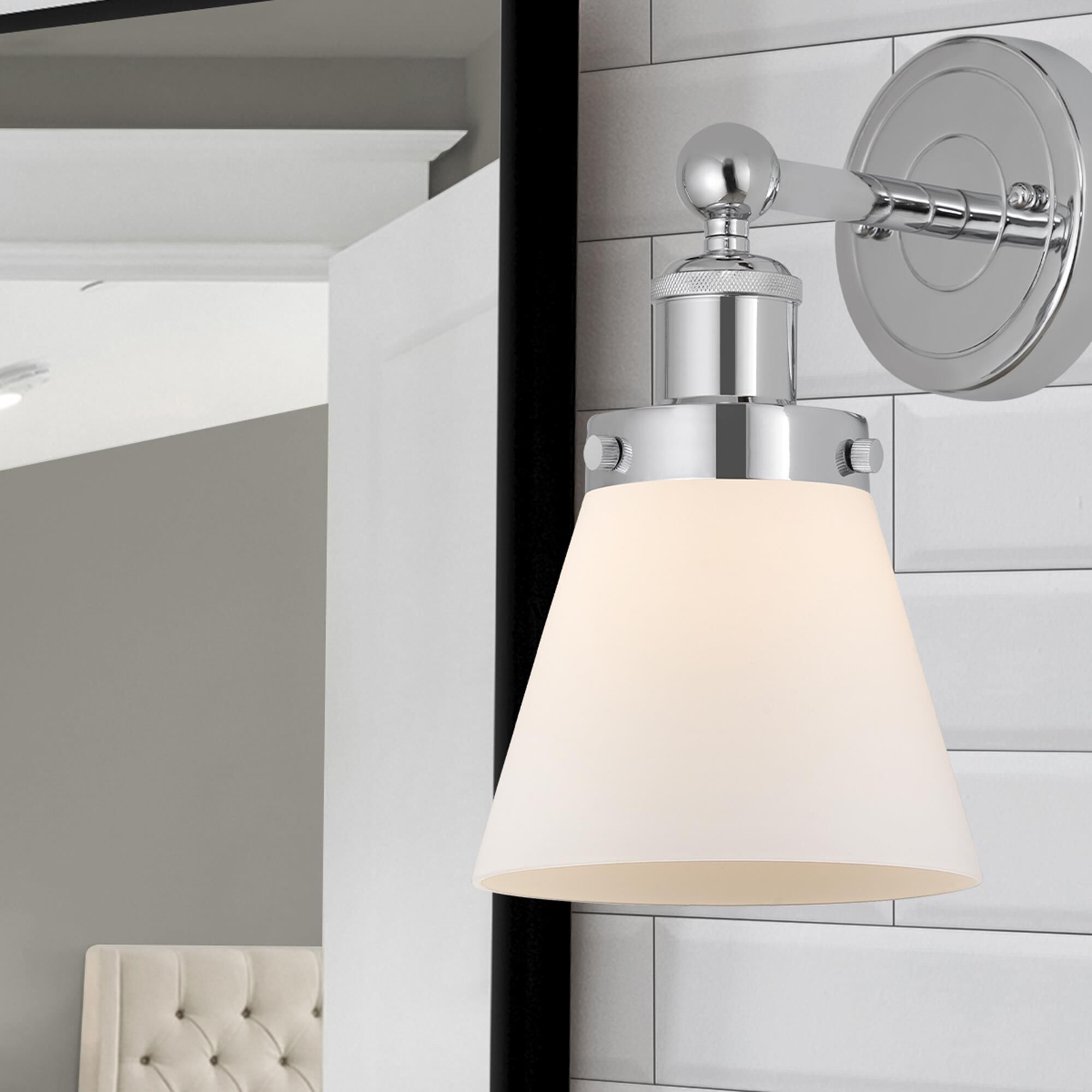 Shown in Polished Chrome  finish and Matte White glass