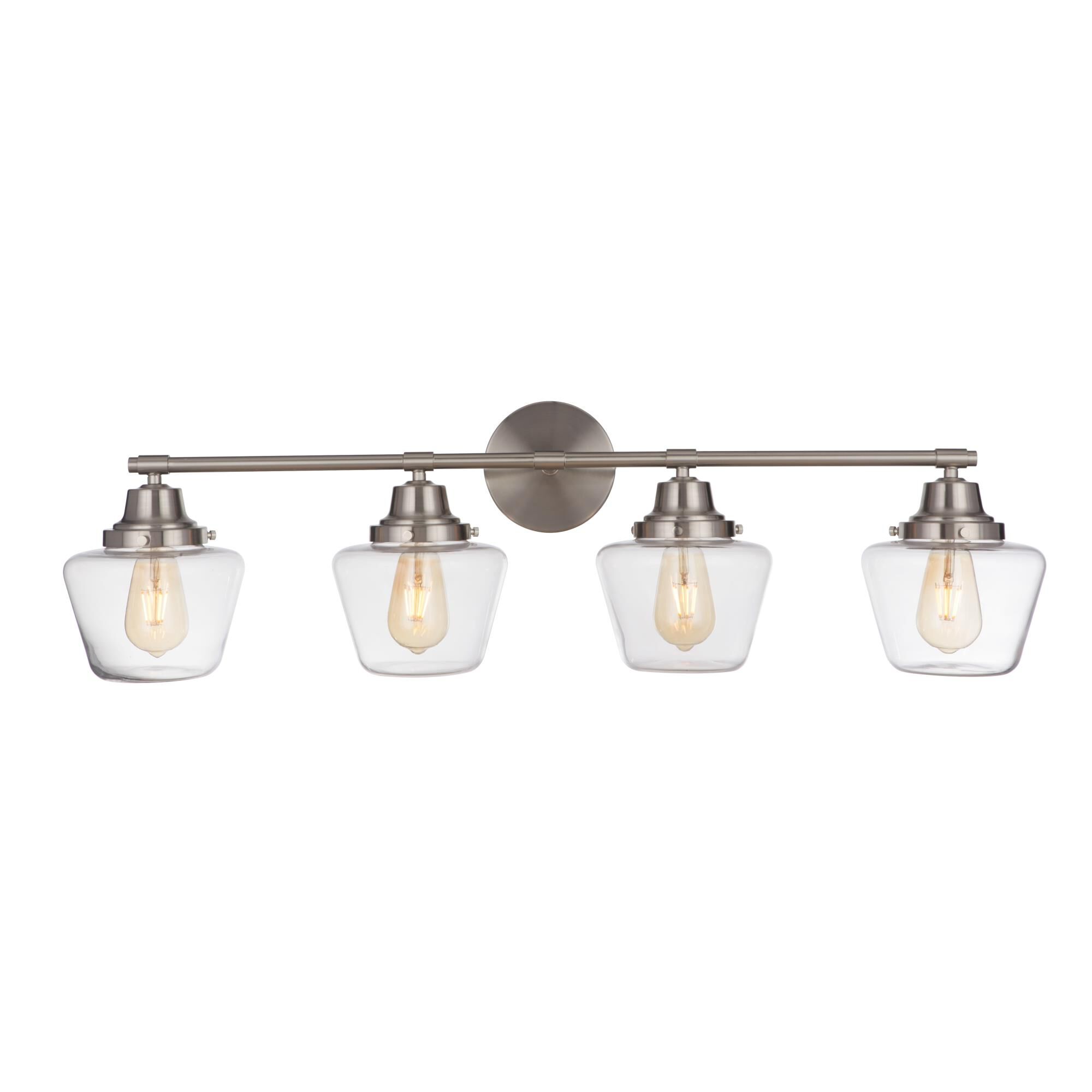 Shown in Brushed Polished Nickel finish and Clear glass and Glass shade