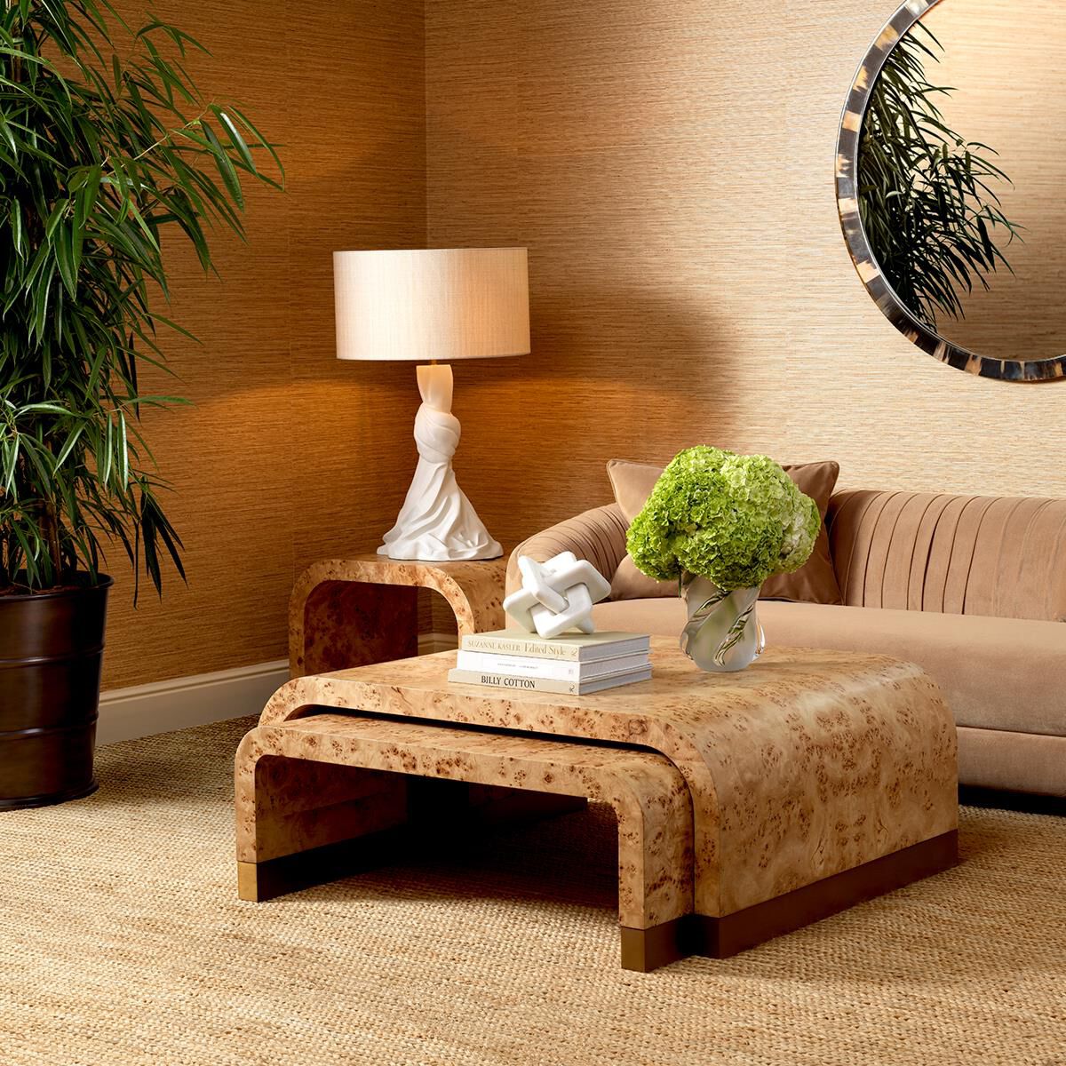 Shown in Light Brown Mappa Burl Veneer, Antique Brass finish
