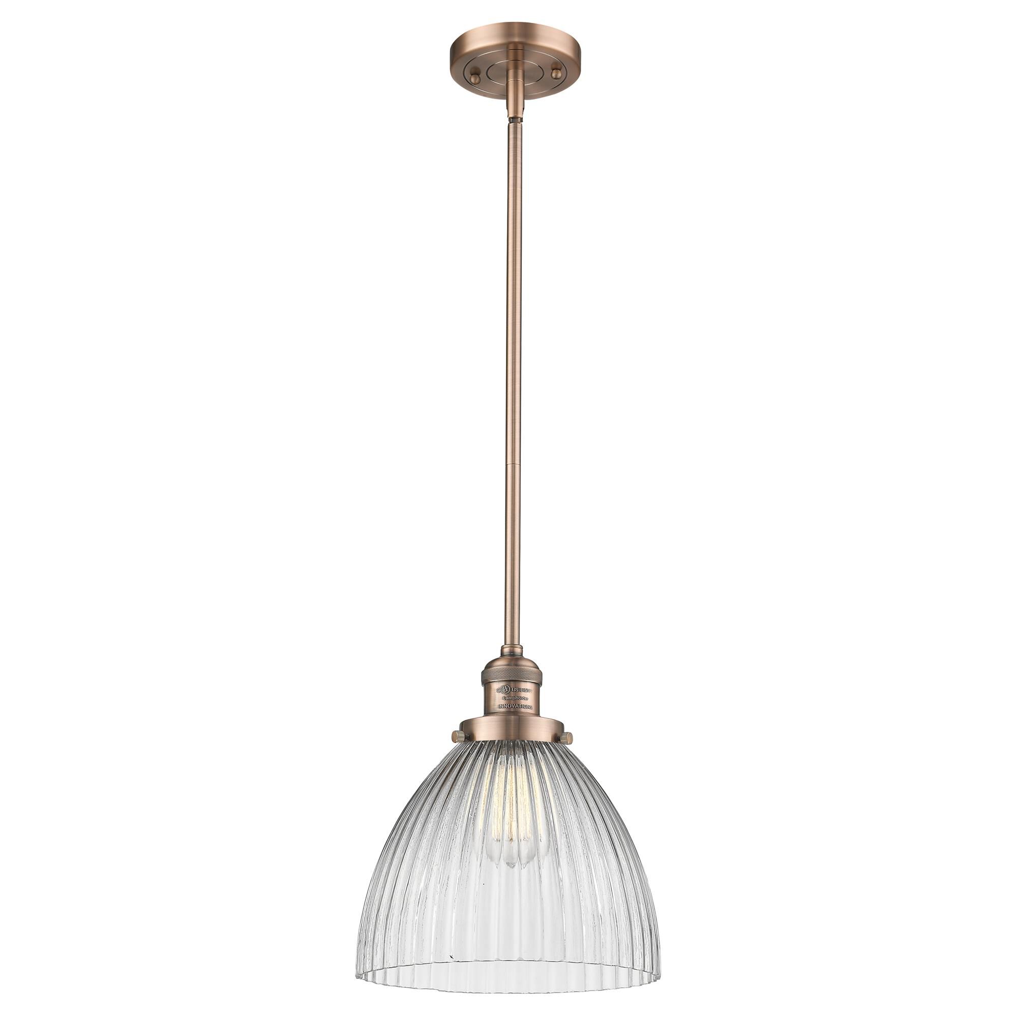 Shown in Antique Copper finish and Clear Halophane glass
