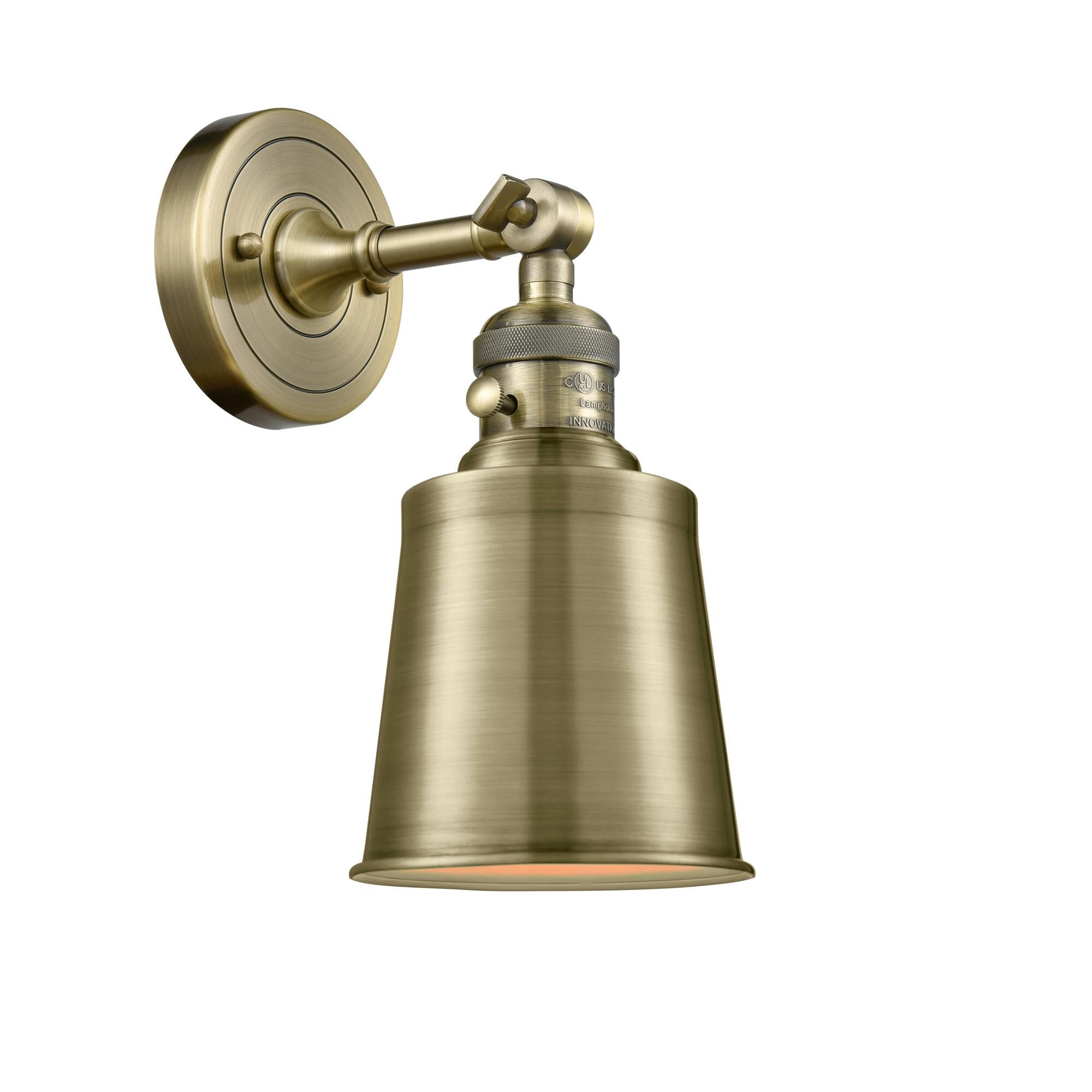 Shown in Antique Brass finish and Antique Brass shade