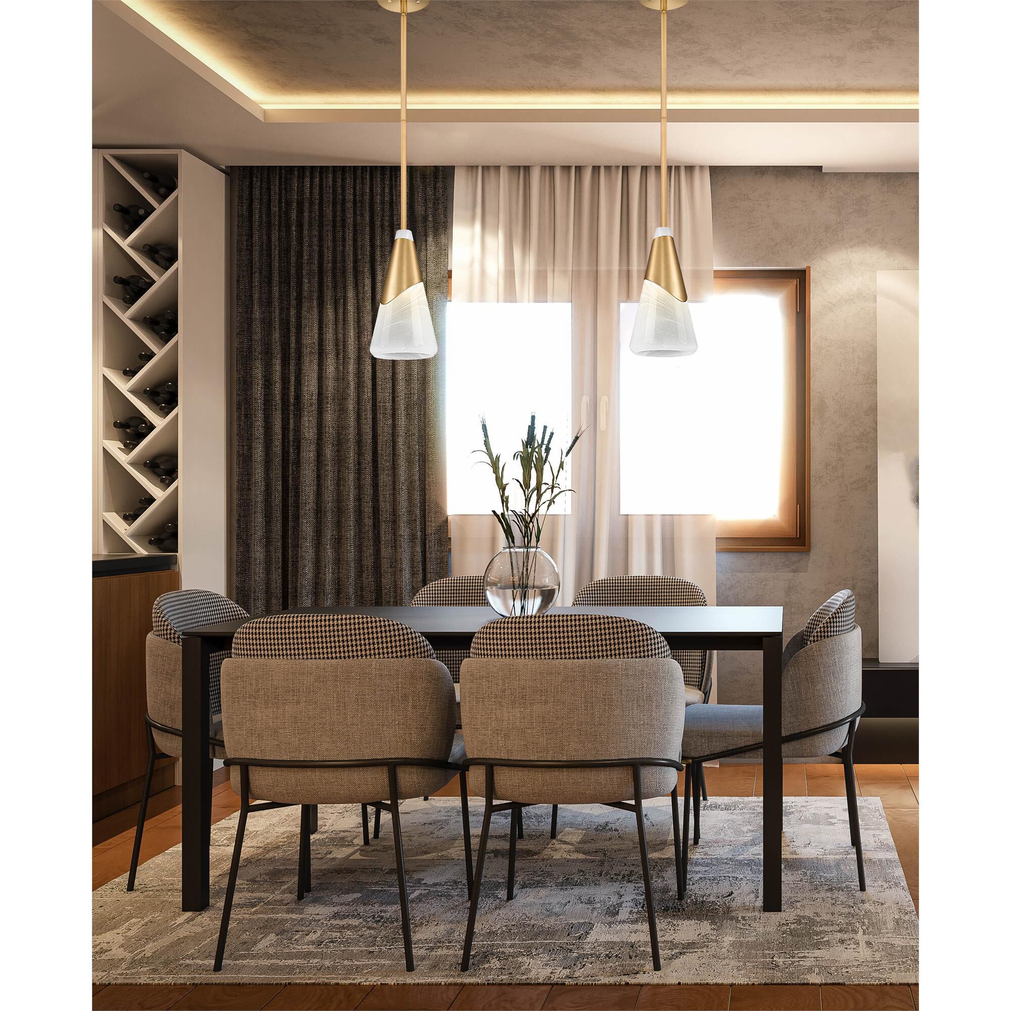 Shown in Modern Gold finish and White Swirl glass and White Swirl shade