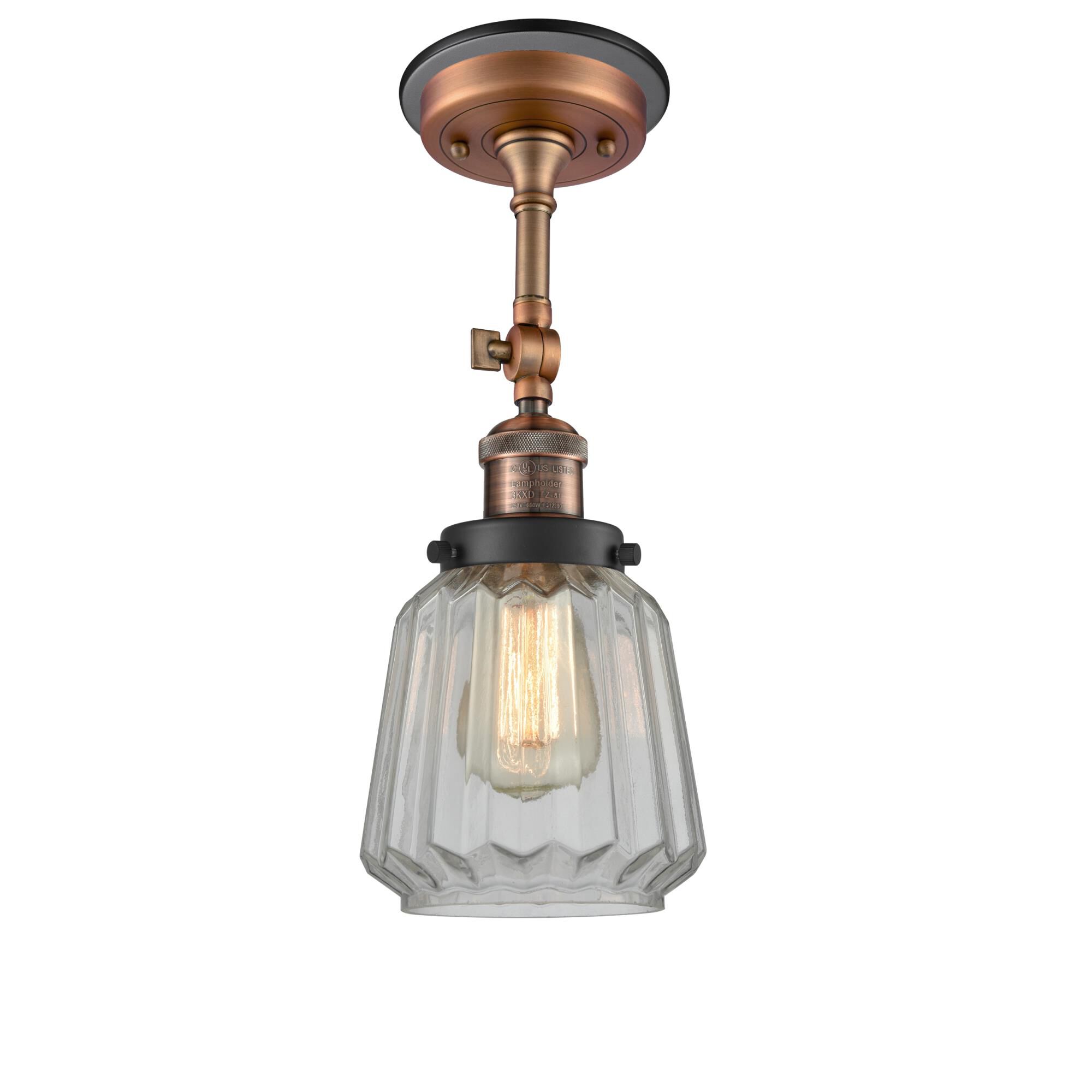Shown in Antique Copper finish and Clear Chatham glass and Matte Black accent