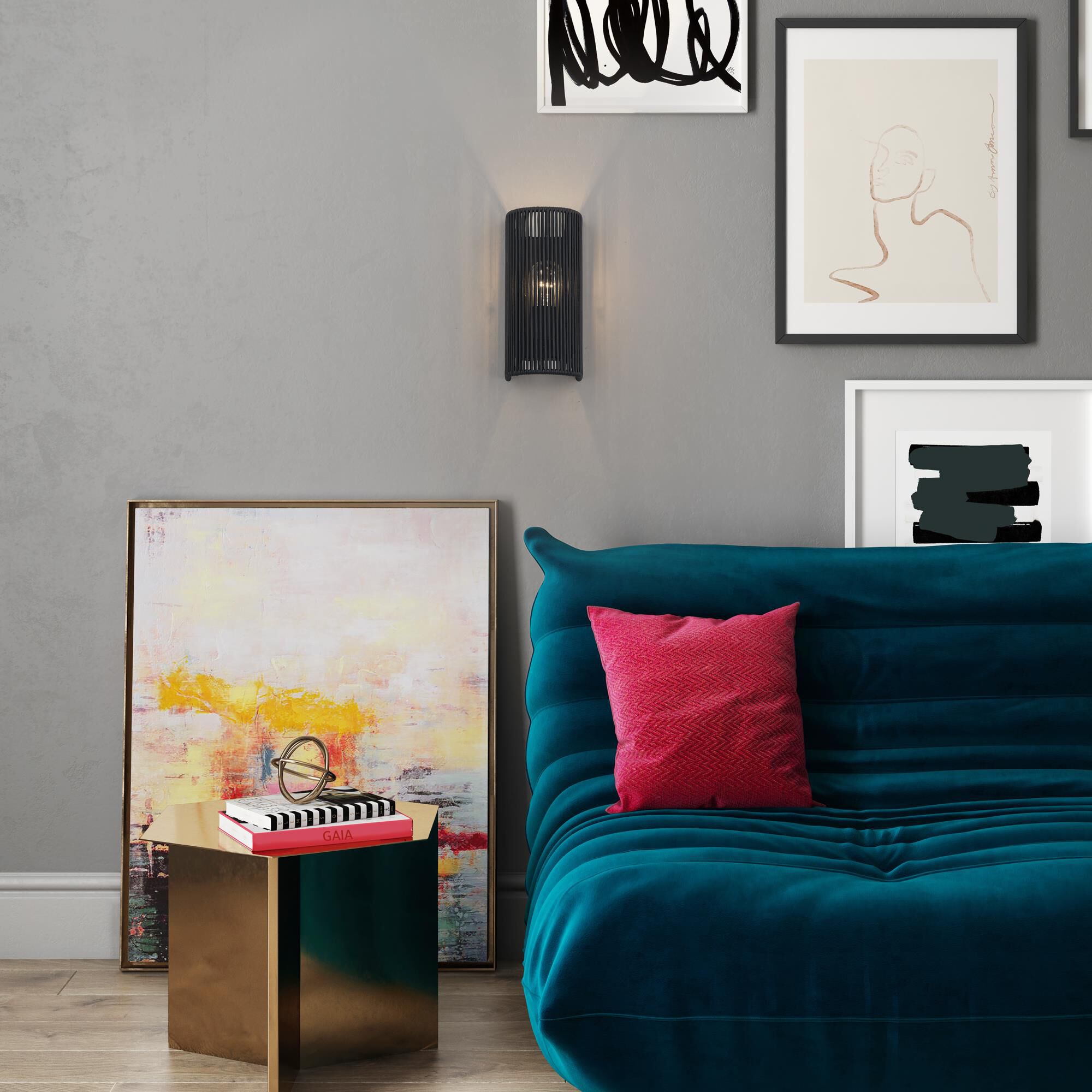 Shown in Black finish and Hand-Woven Parisian Night Color Polyester Rope shade