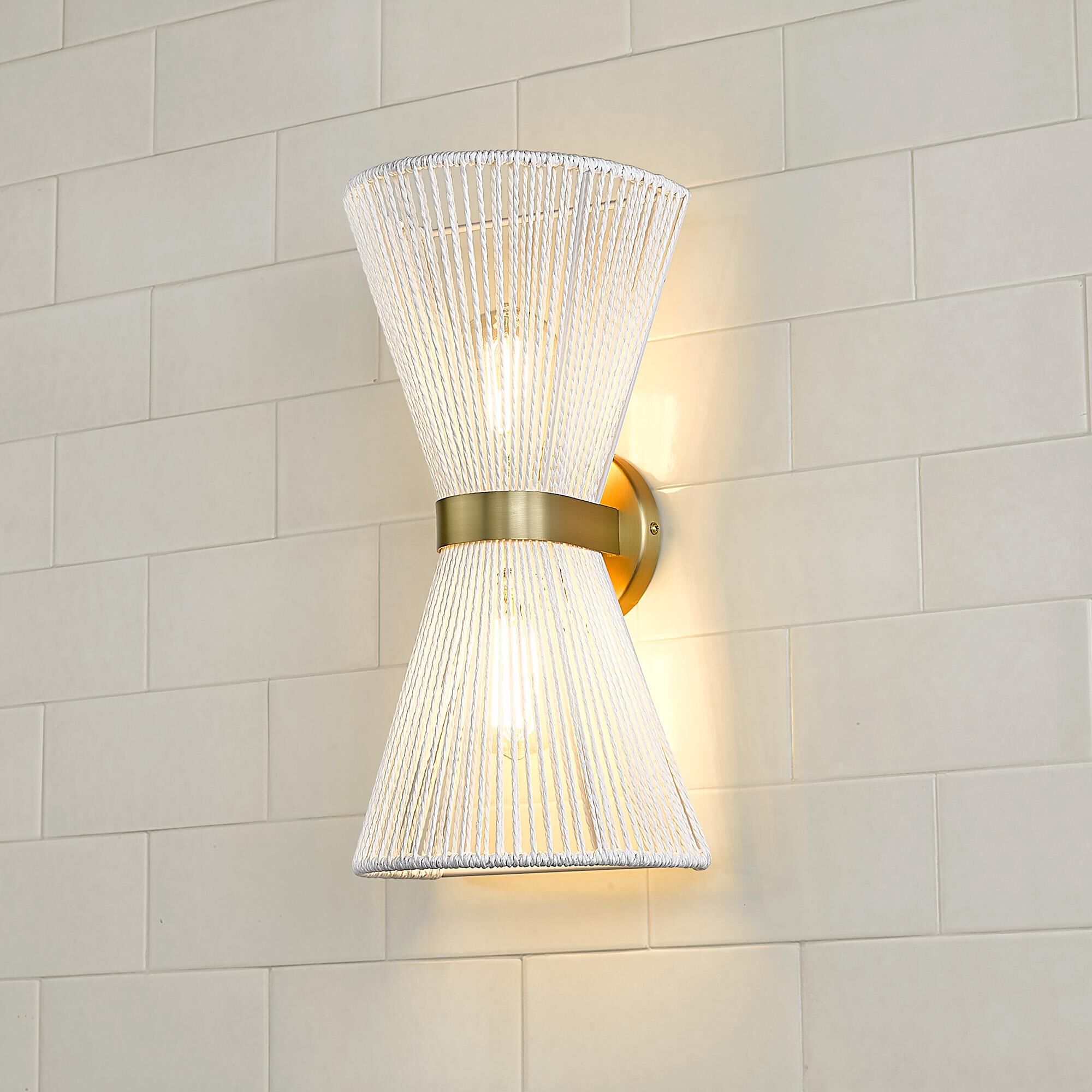 Shown in Brushed Champagne Bronze finish and Bleached White Raphia Rope shade