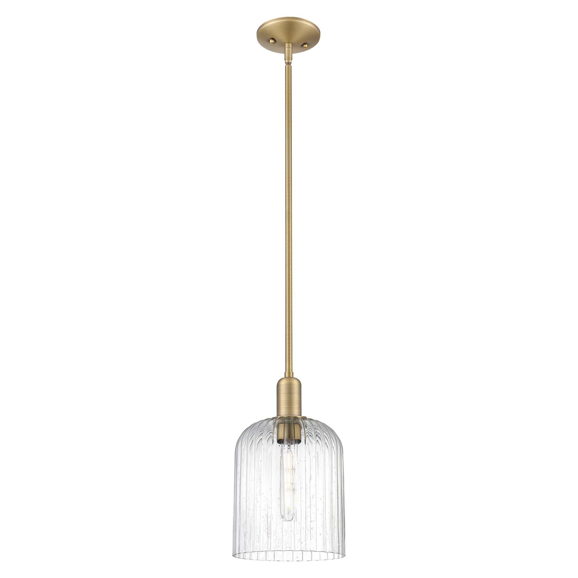 Shown in Brushed Brass finish and Seedy glass