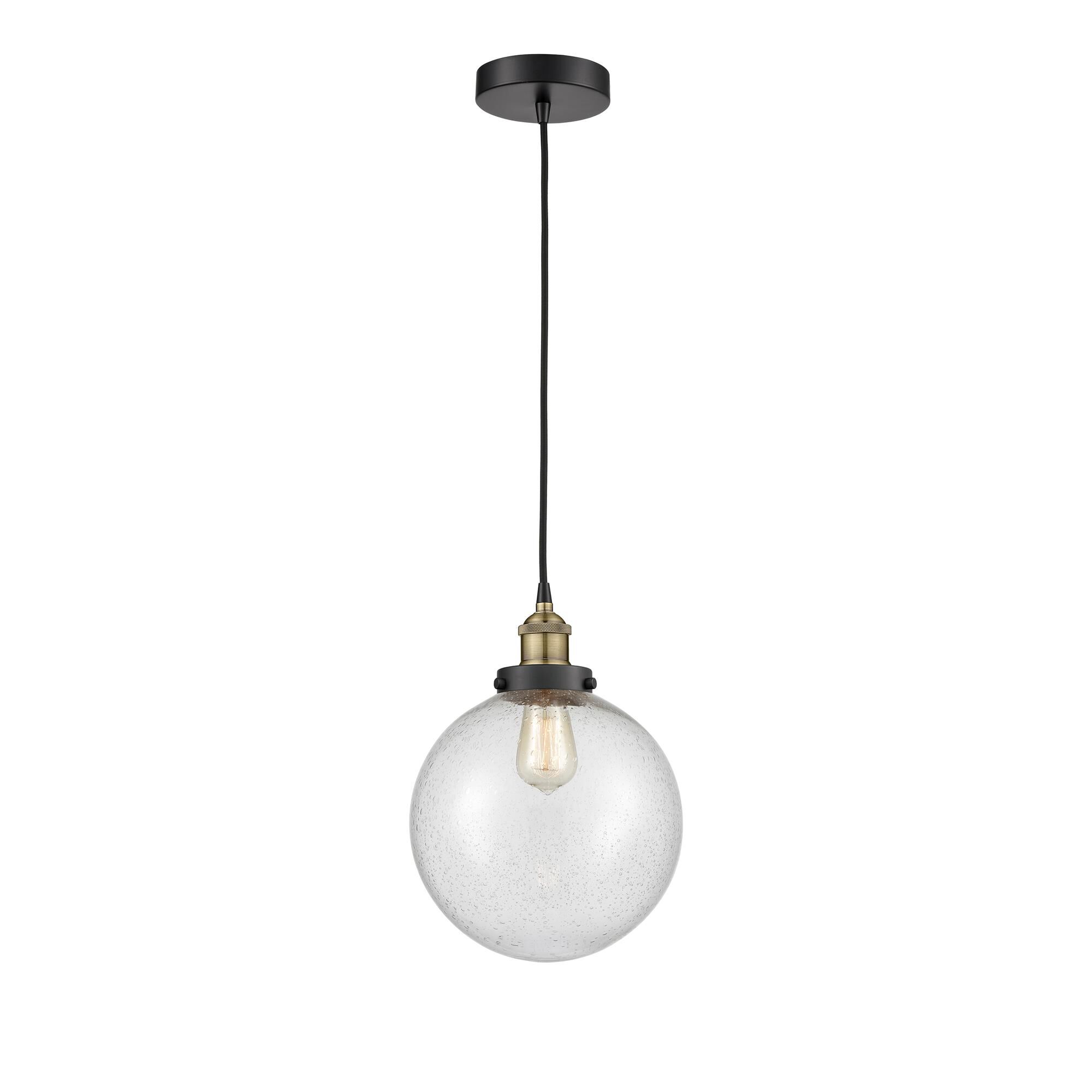 Shown in Black Antique Brass finish and Seedy glass
