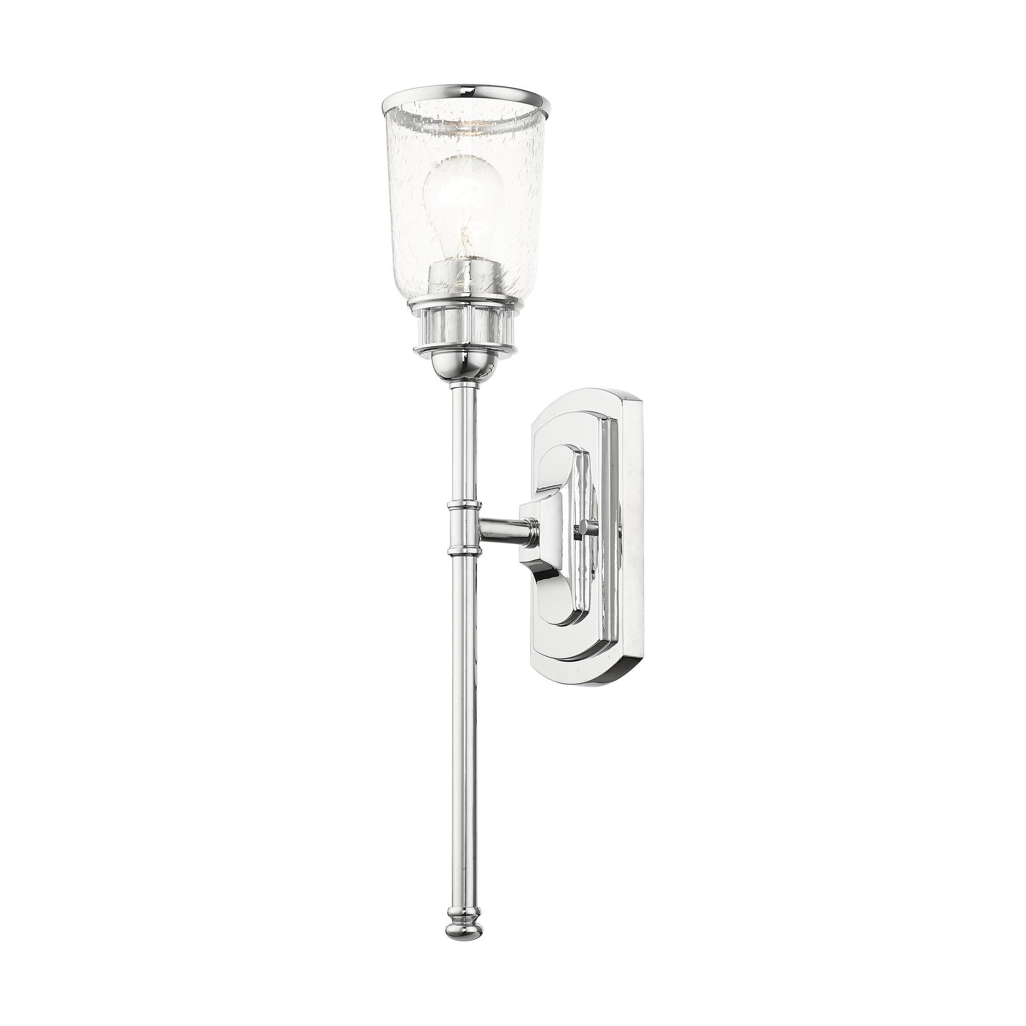 Shown in Polished Chrome finish and Hand Blown Clear Seeded glass and Hand Blown Clear Seeded Glass shade