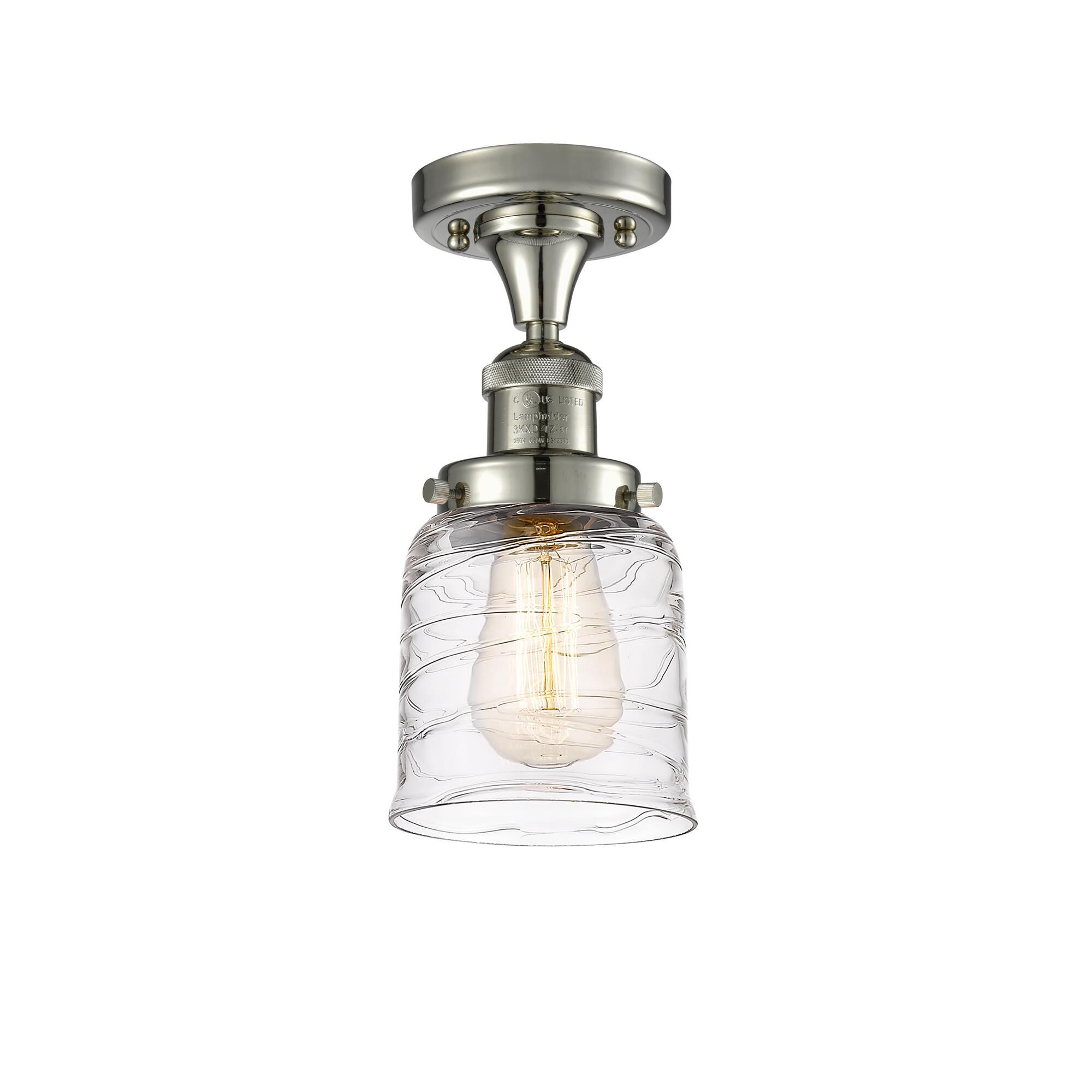 Shown in Polished Nickel finish and Clear Deco Swirl Small Bell glass