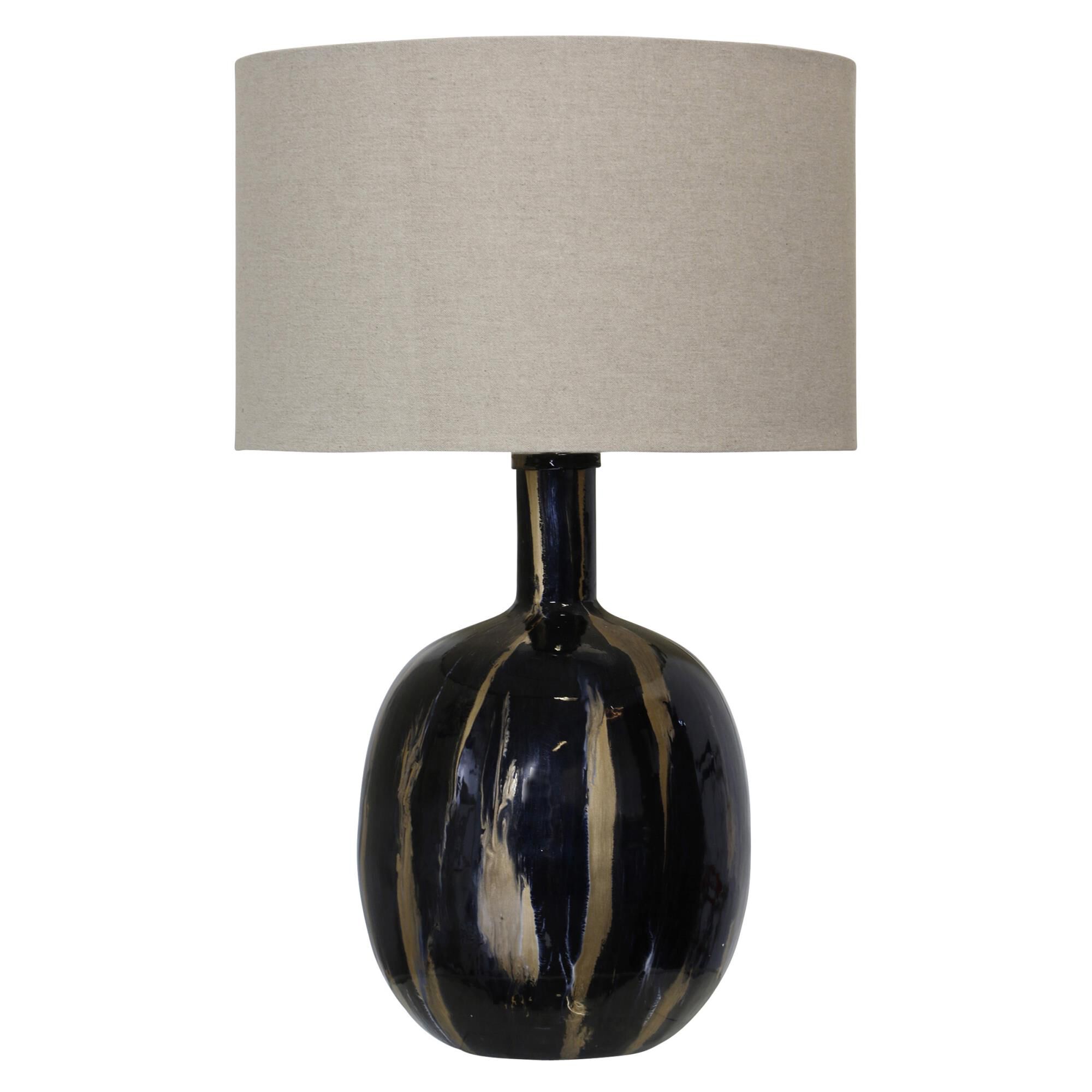Shown in Gold and Black finish and Beige Fabric shade