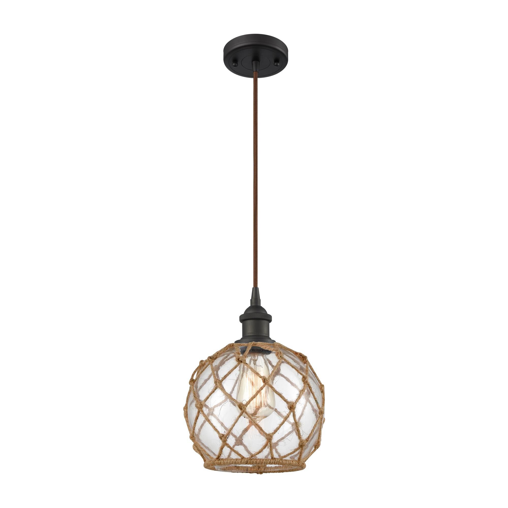 Shown in Oil Rubbed Bronze finish and Clear With Black Rope glass