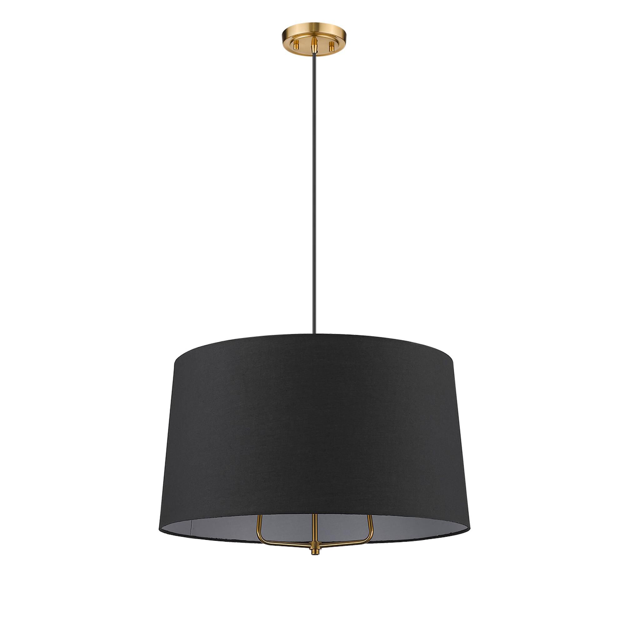Shown in Gold finish and Matte Black glass and Black Hardback Linen Drum shade