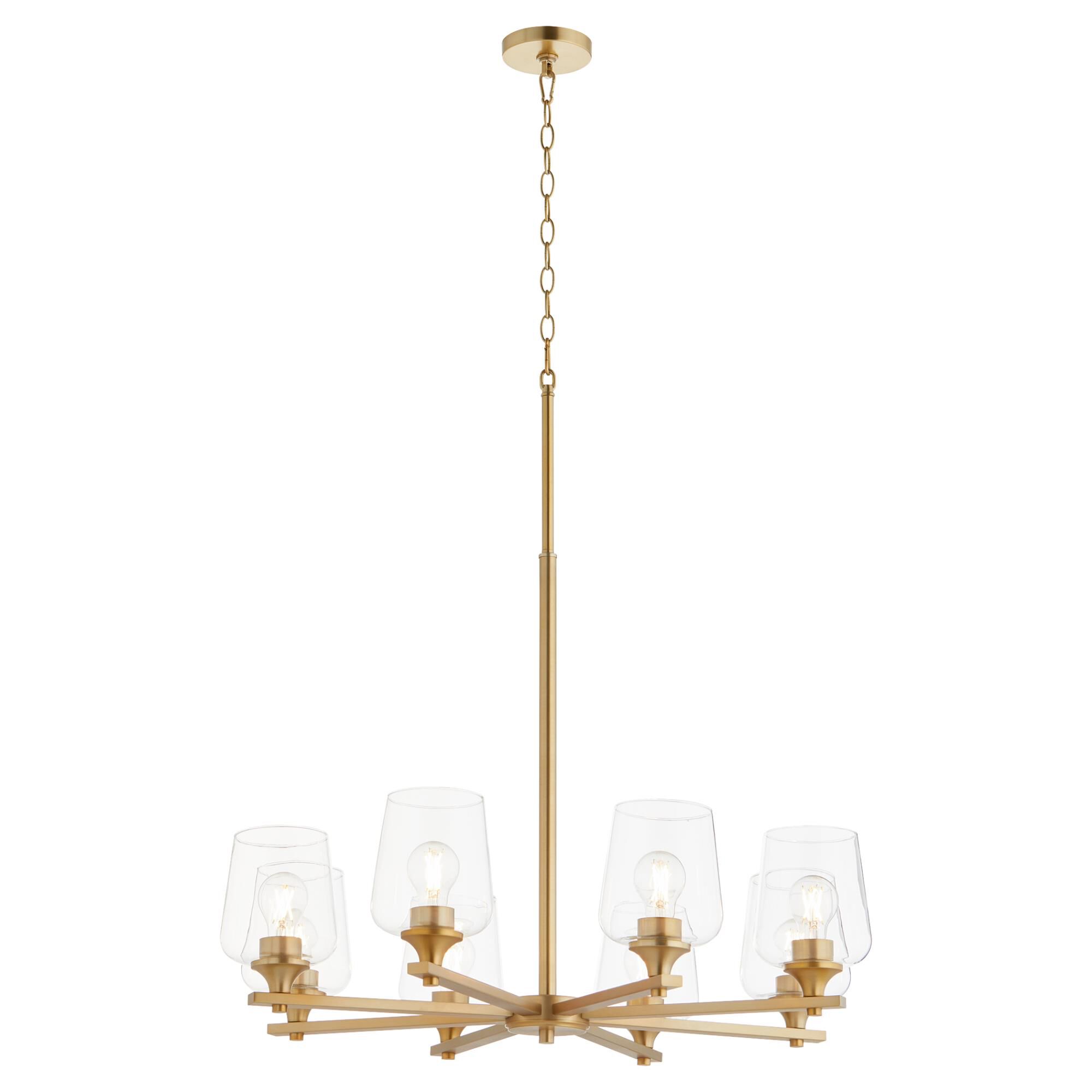 Shown in Aged Brass finish and Clear glass