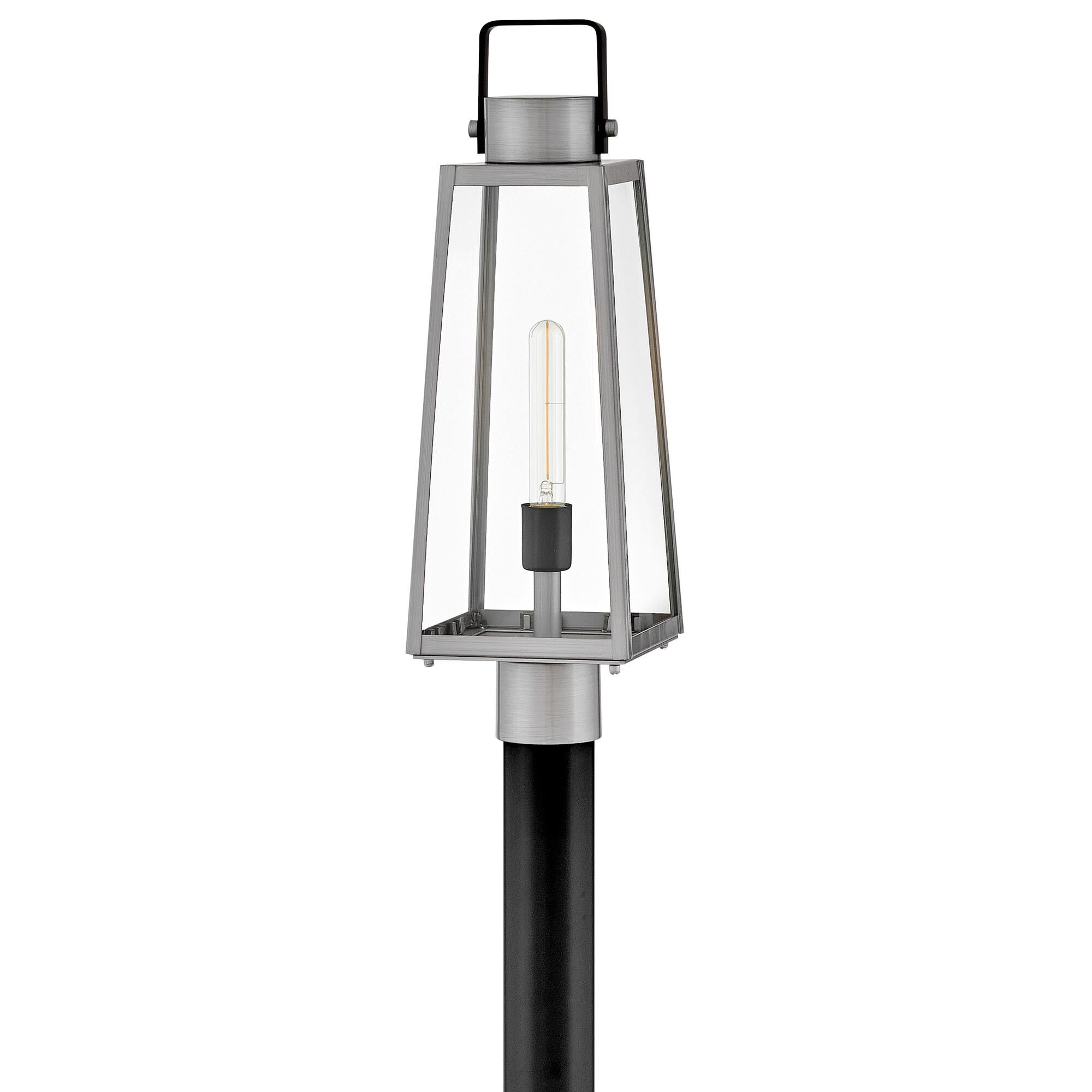 Shown in Antique Brushed Aluminum finish and Clear glass and Black accent