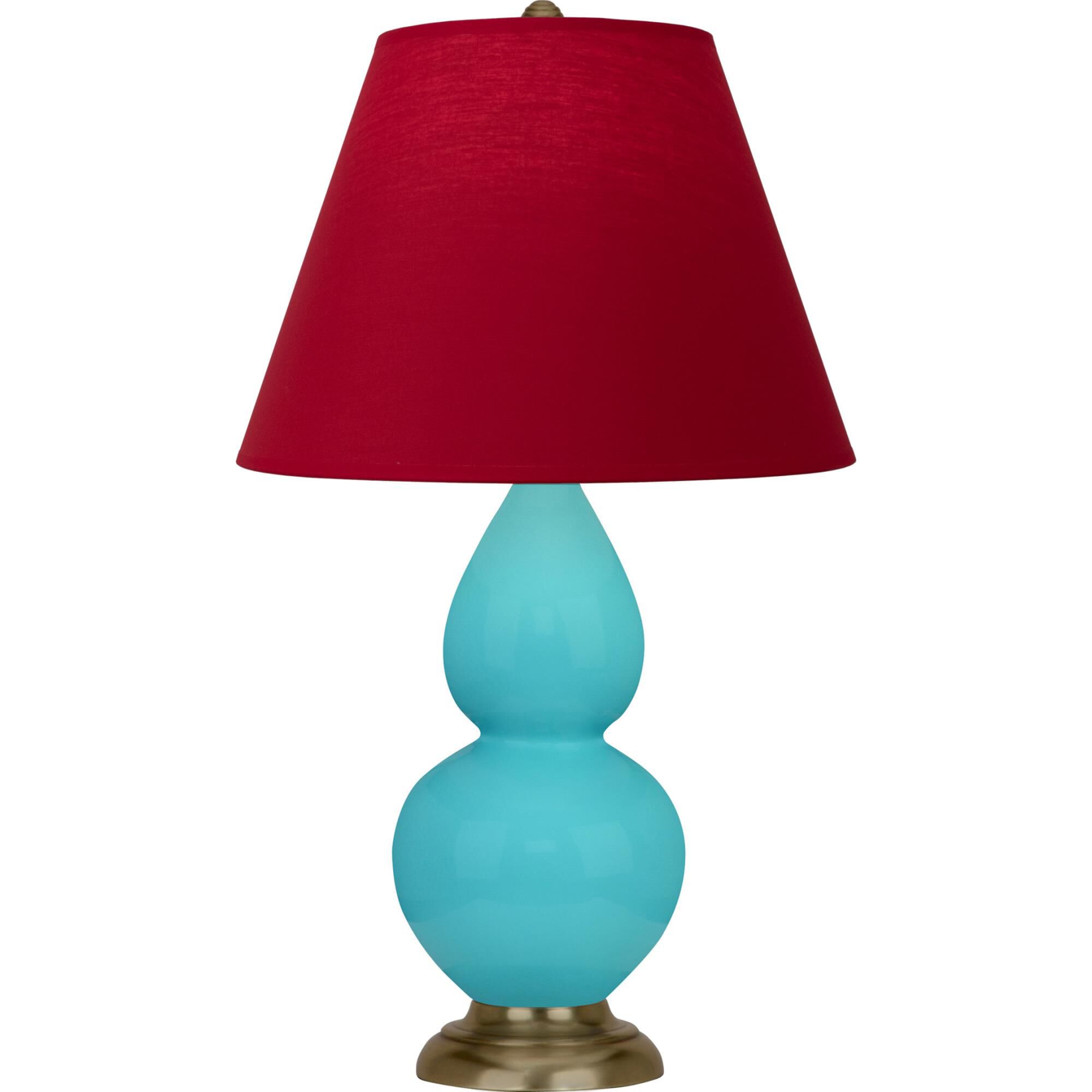 Shown in Egg Blue Antique Brass finish and Rose Red with Ink Black Lining Fabric shade and Antique Brass accent