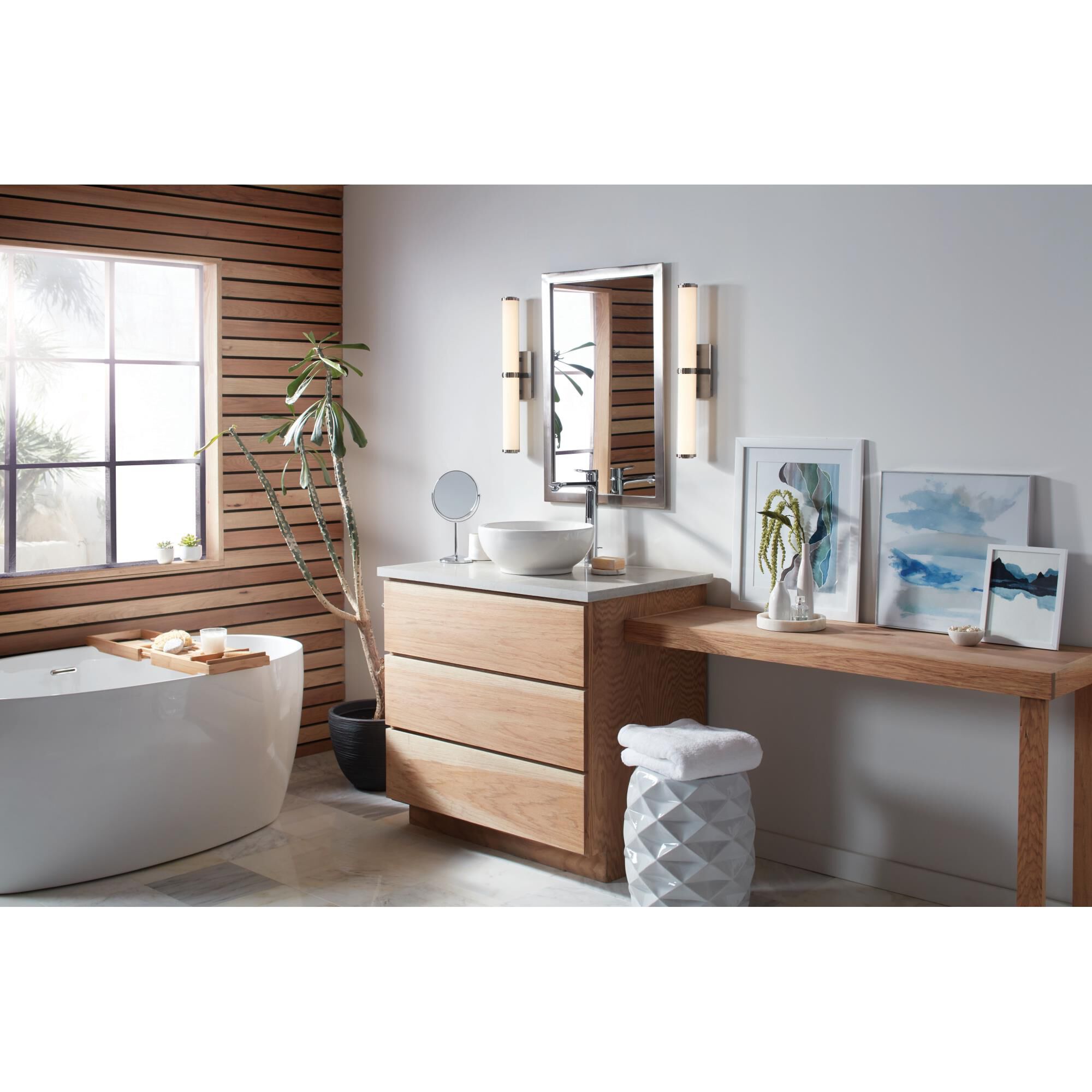 Shown in Brushed Nickel finish and Etched White glass