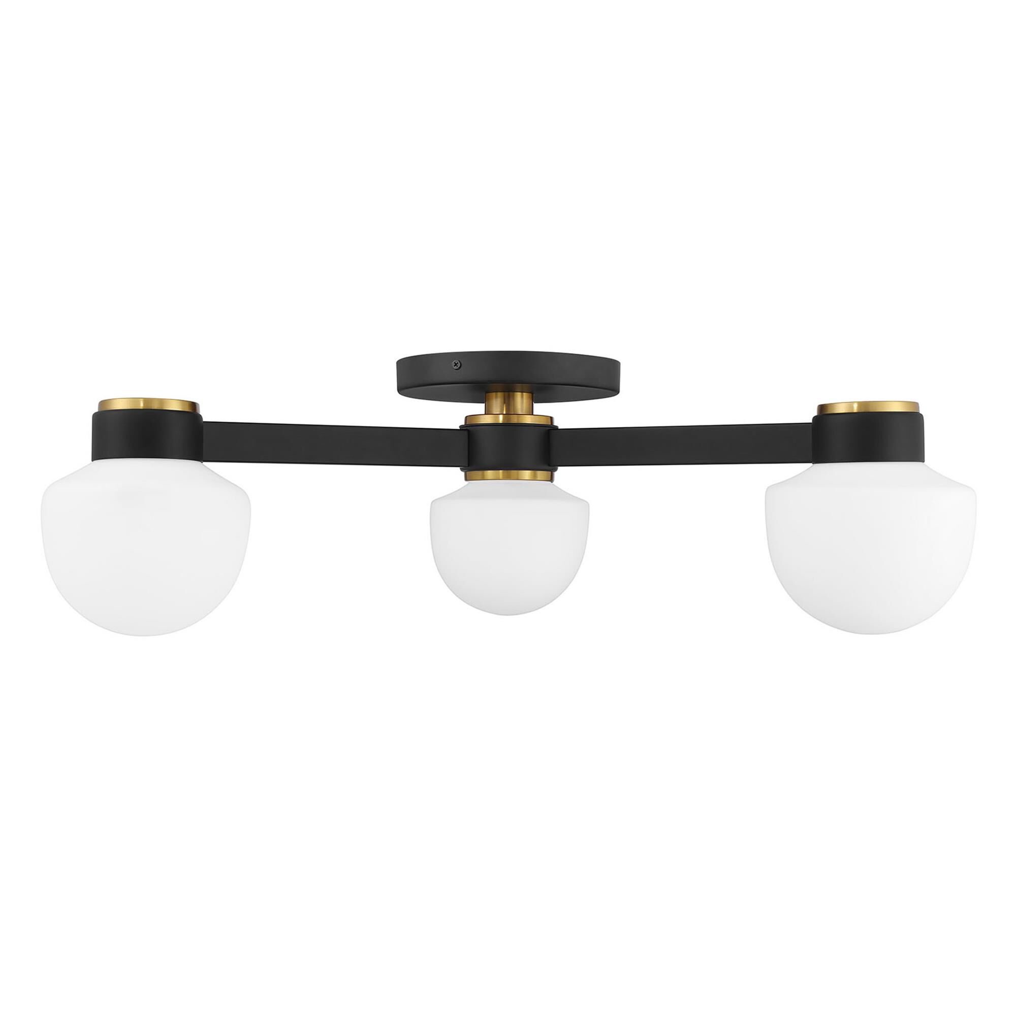 Shown in Matte Black and Natural Brass finish and White Opal glass